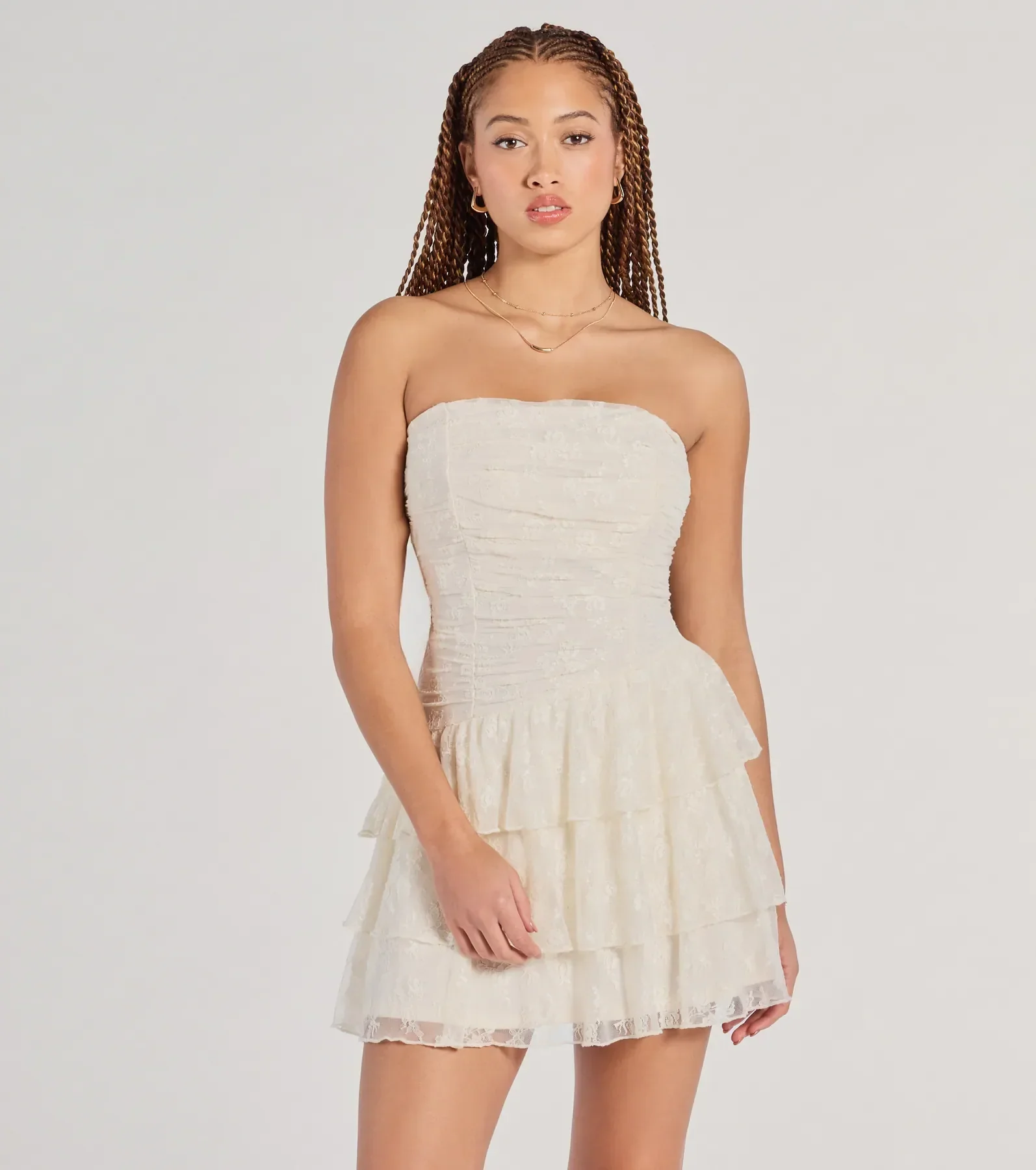 Lovely Nights Strapless Lace Ruffle Skater Dress - luluinthesky
