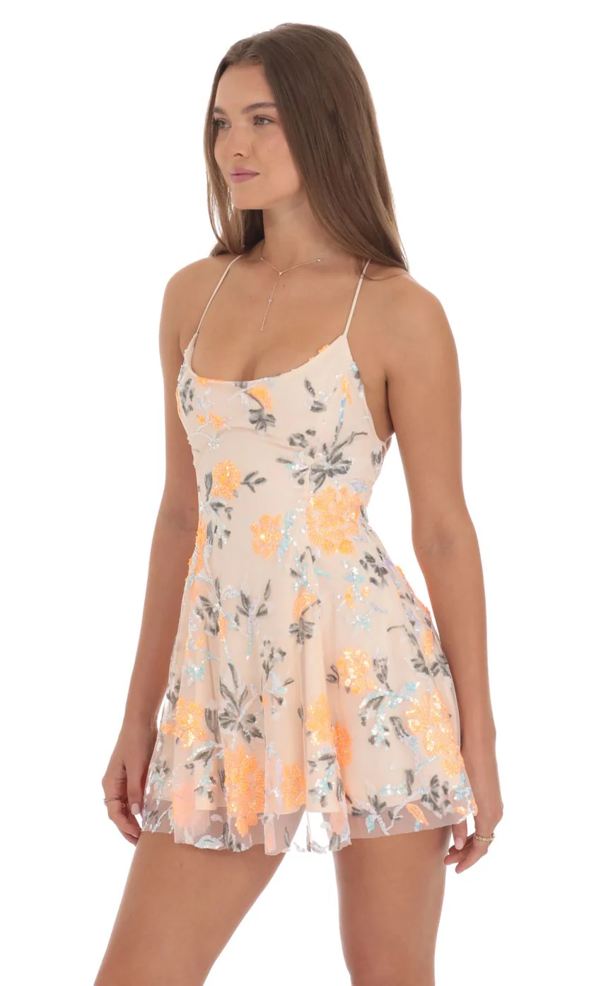 Sequin Floral Mini Dress in Cream - luluinthesky