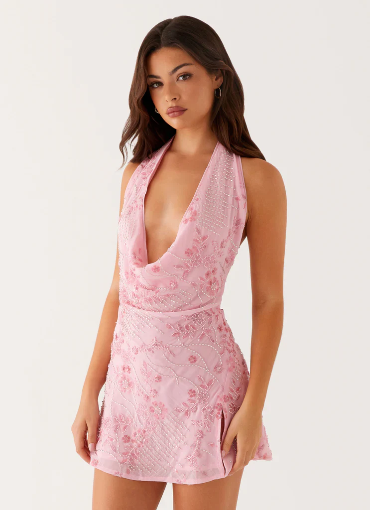 Cinzia Beaded Mini Dress - Pink - luluinthesky