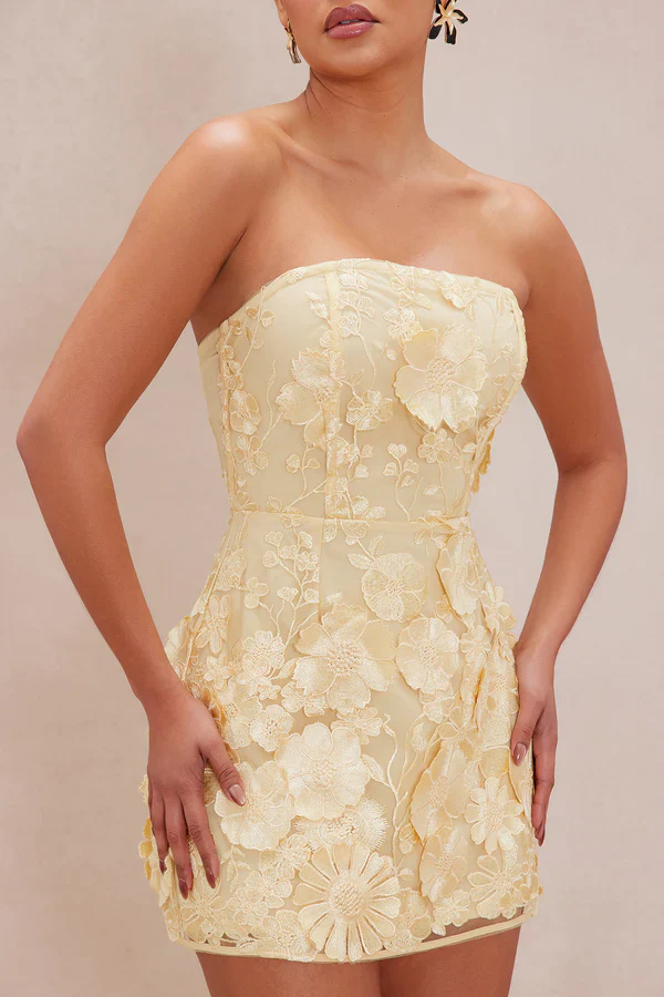 Marcella Embroidered A-Line Mini Dress - Yellow - luluinthesky