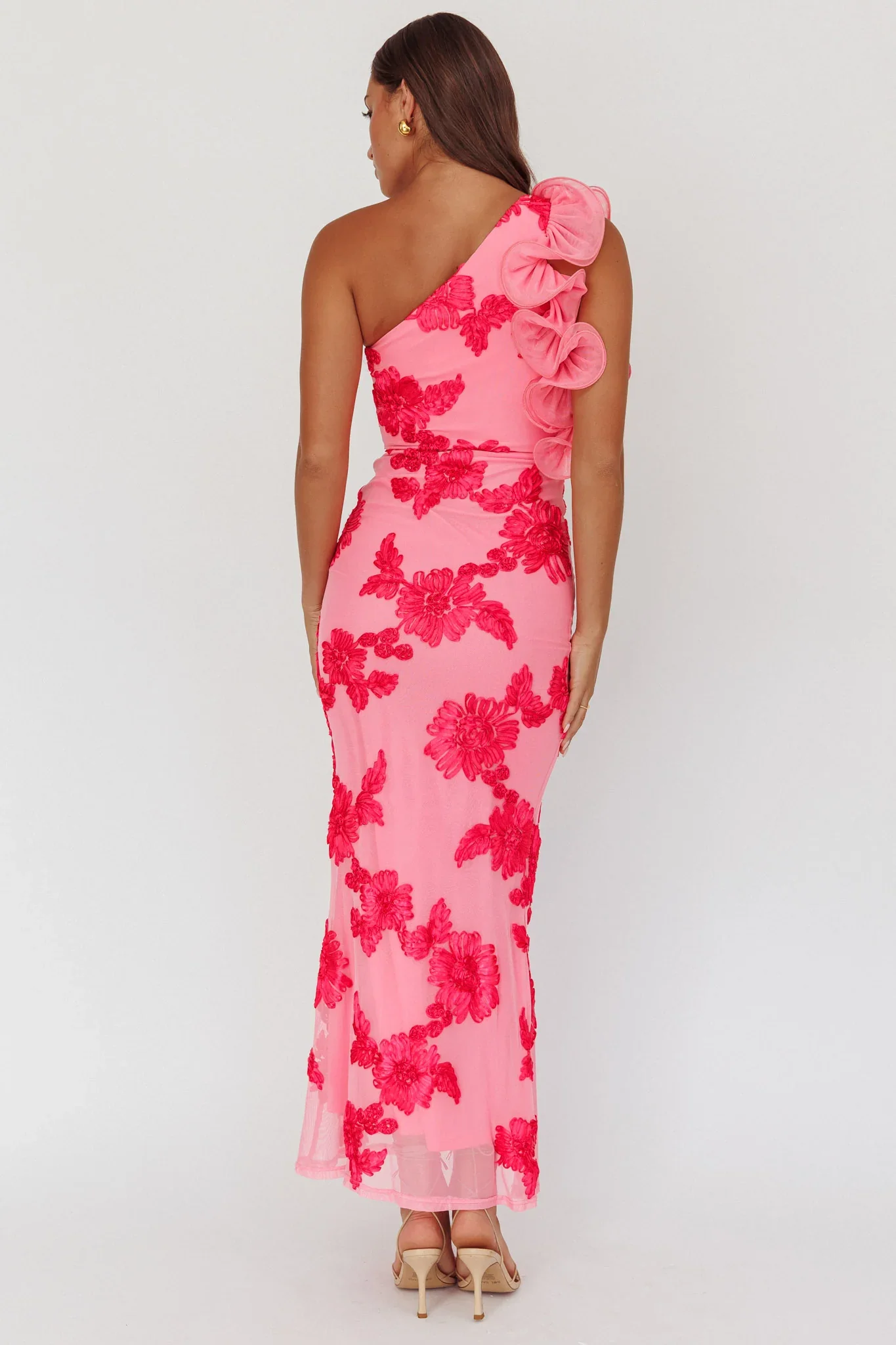Deanna One-Shoulder Ruffle Maxi Dress Floral Pink - luluinthesky