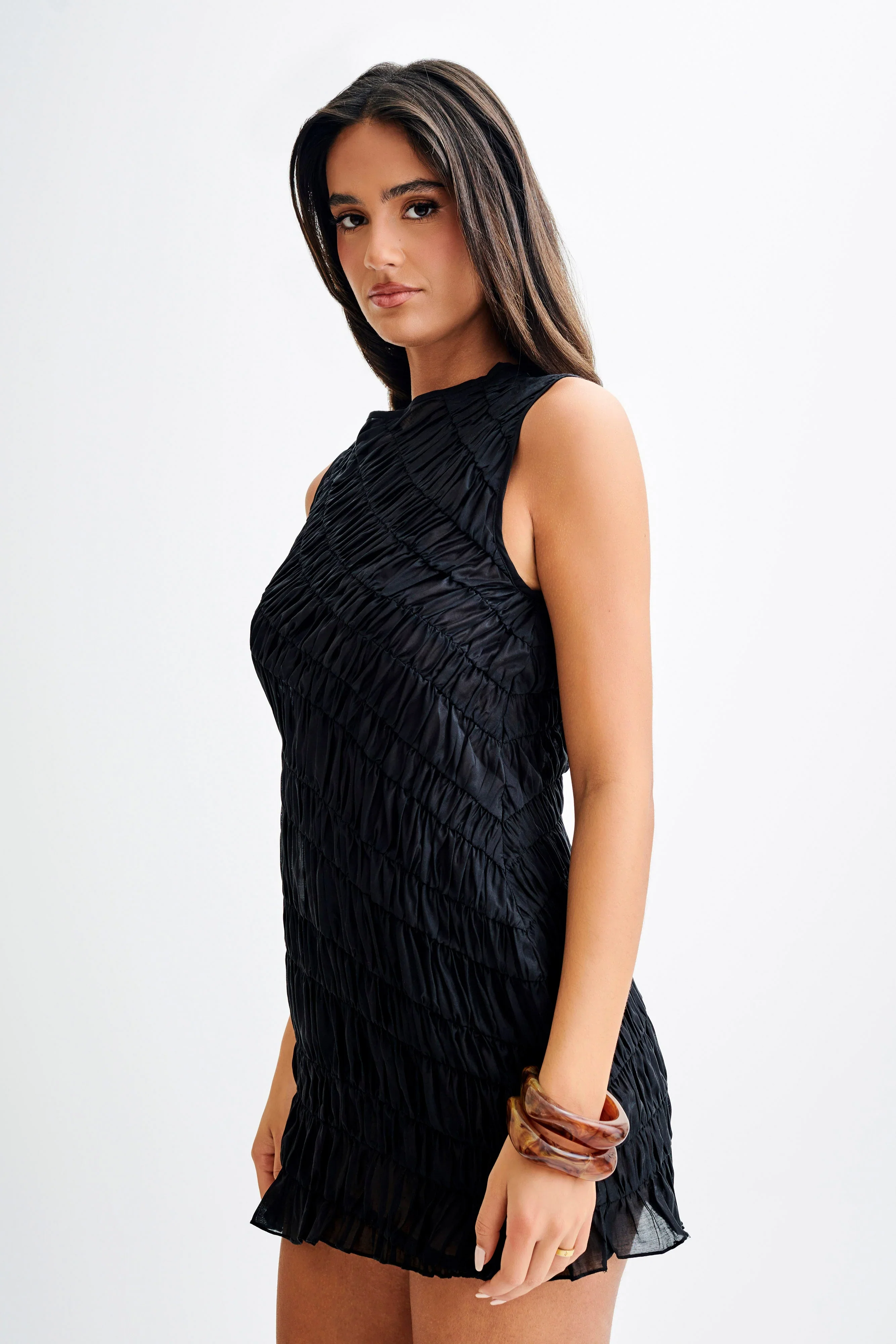 Adella Gathered Mini Dress - Black - luluinthesky