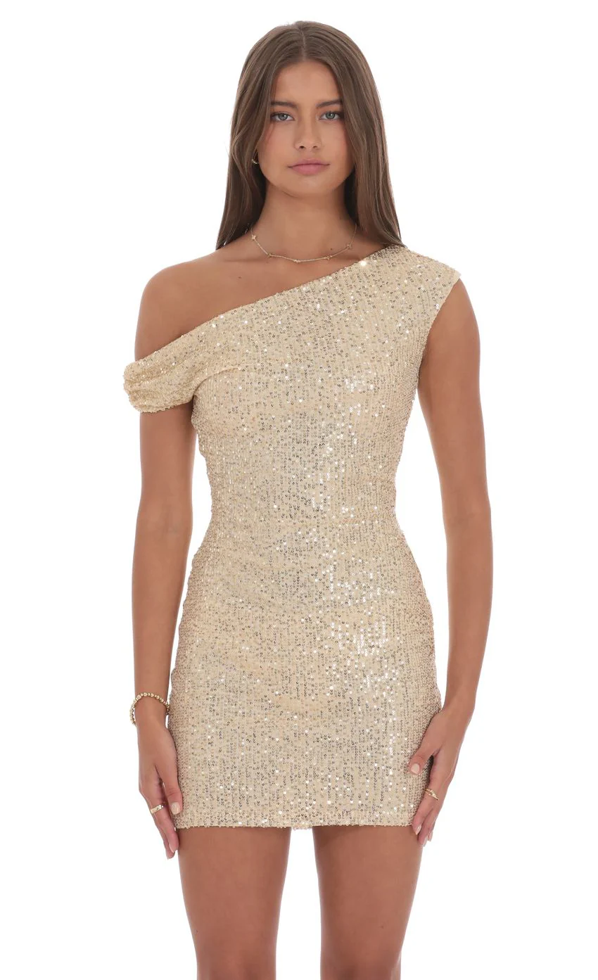 Off Shoulder Sequin Bodycon Dress in Gold - luluinthesky