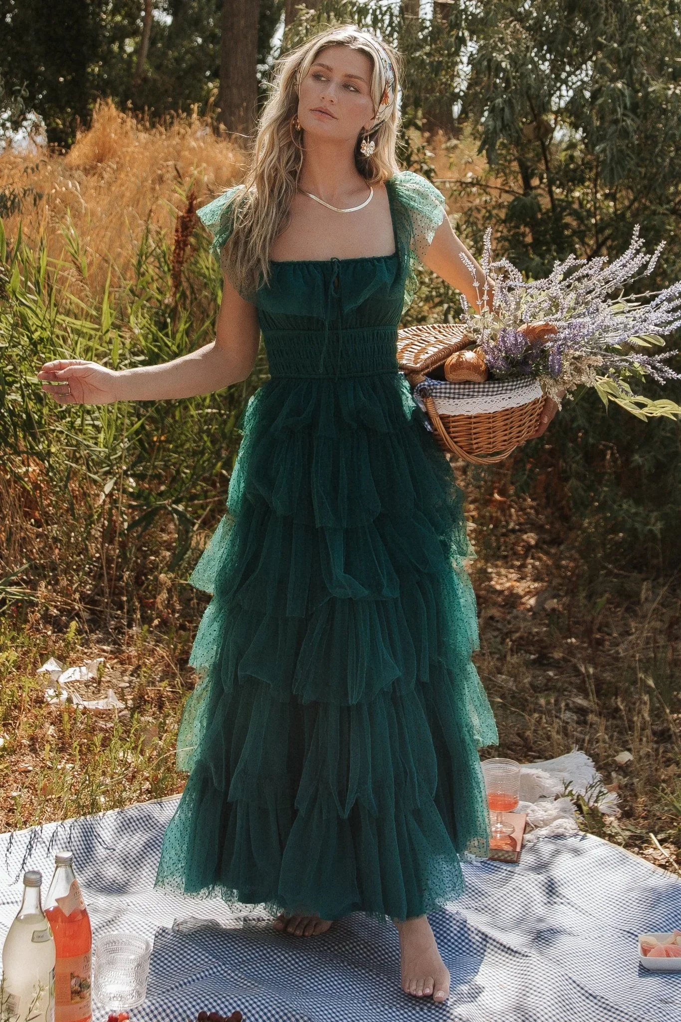 Valora Swiss Dot Tulle Maxi Dress | Dark Green - luluinthesky