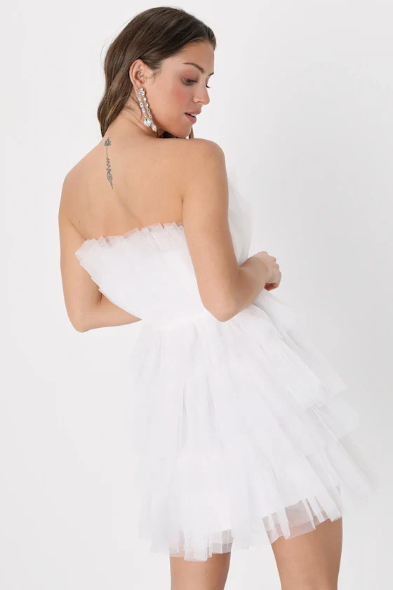 Tulle Intentions White Strapless Tiered Tulle Mini Dress - luluinthesky