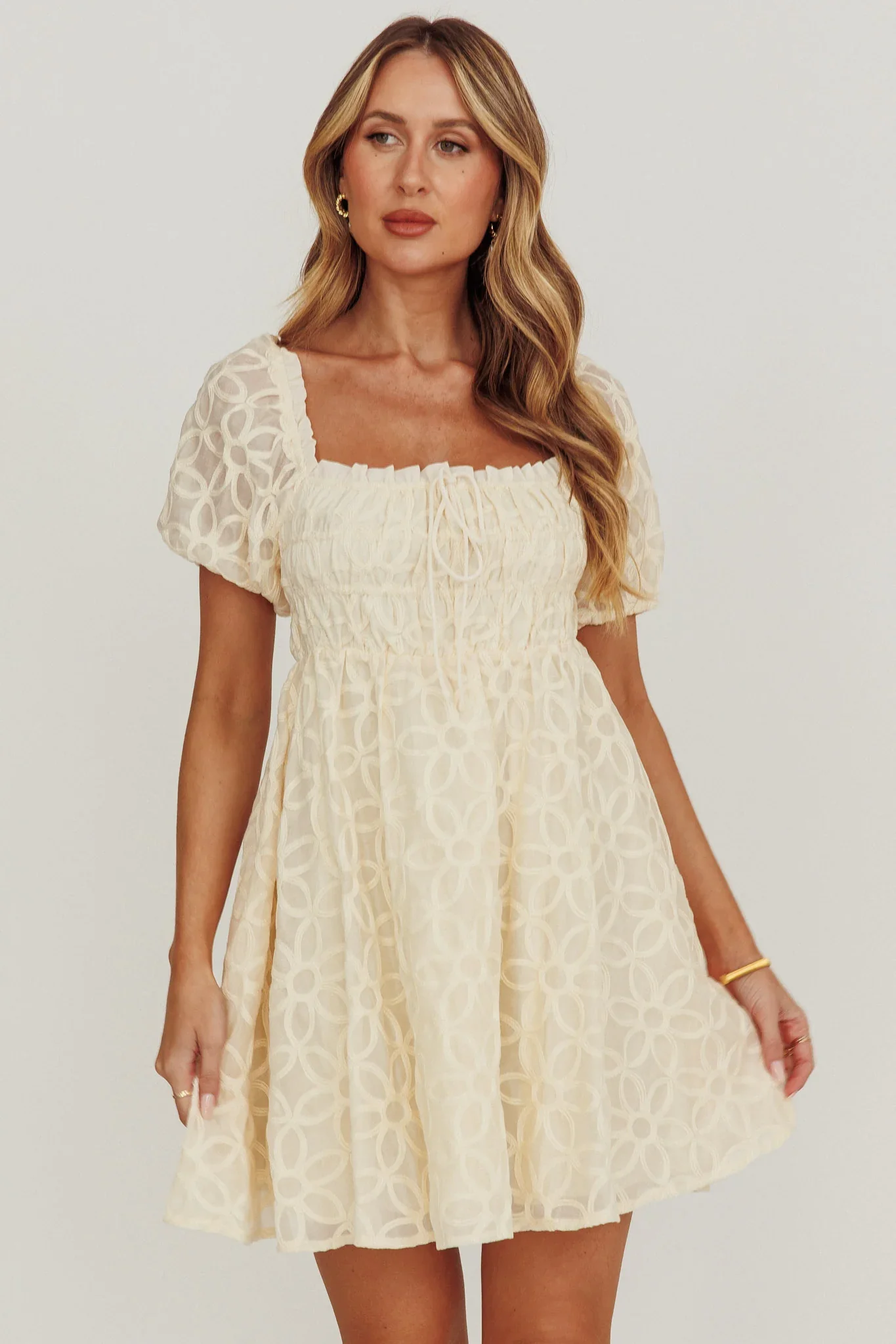 Dandelions Puff Sleeves A-Line Mini Dress Cream - luluinthesky