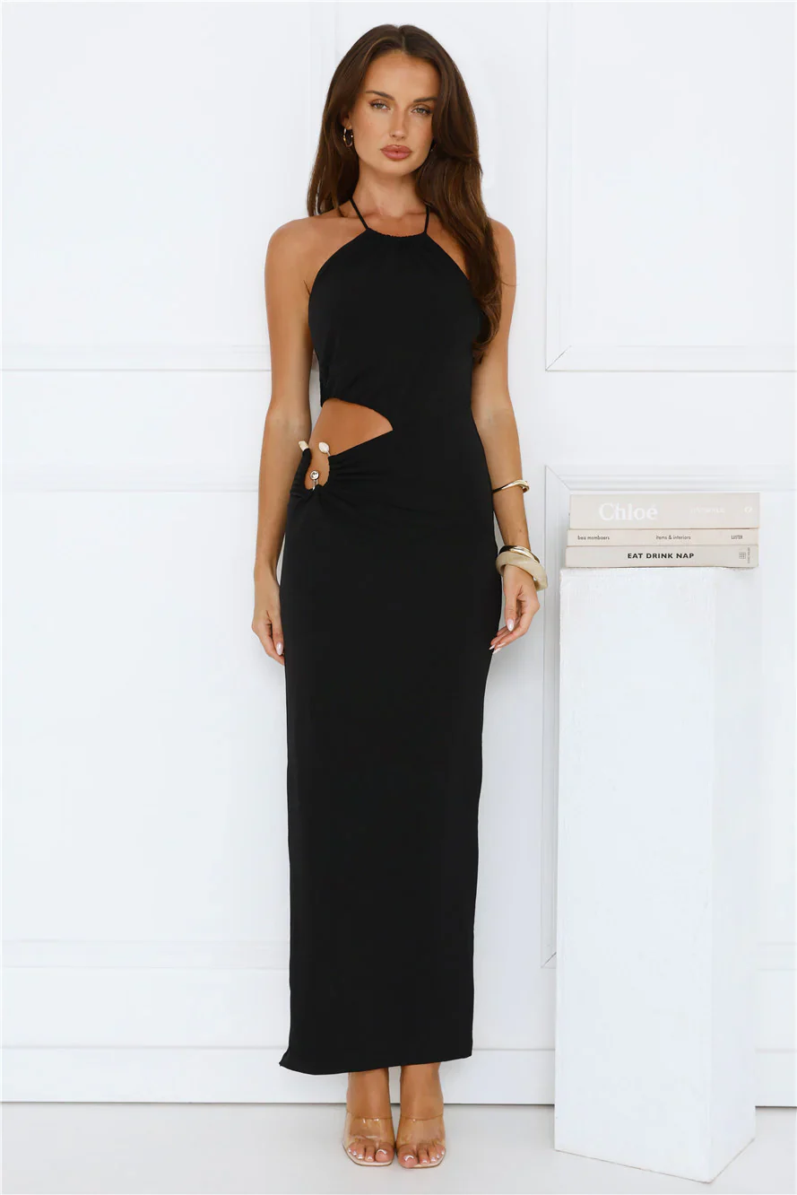 South Of France Halter Maxi Dress Black - luluinthesky