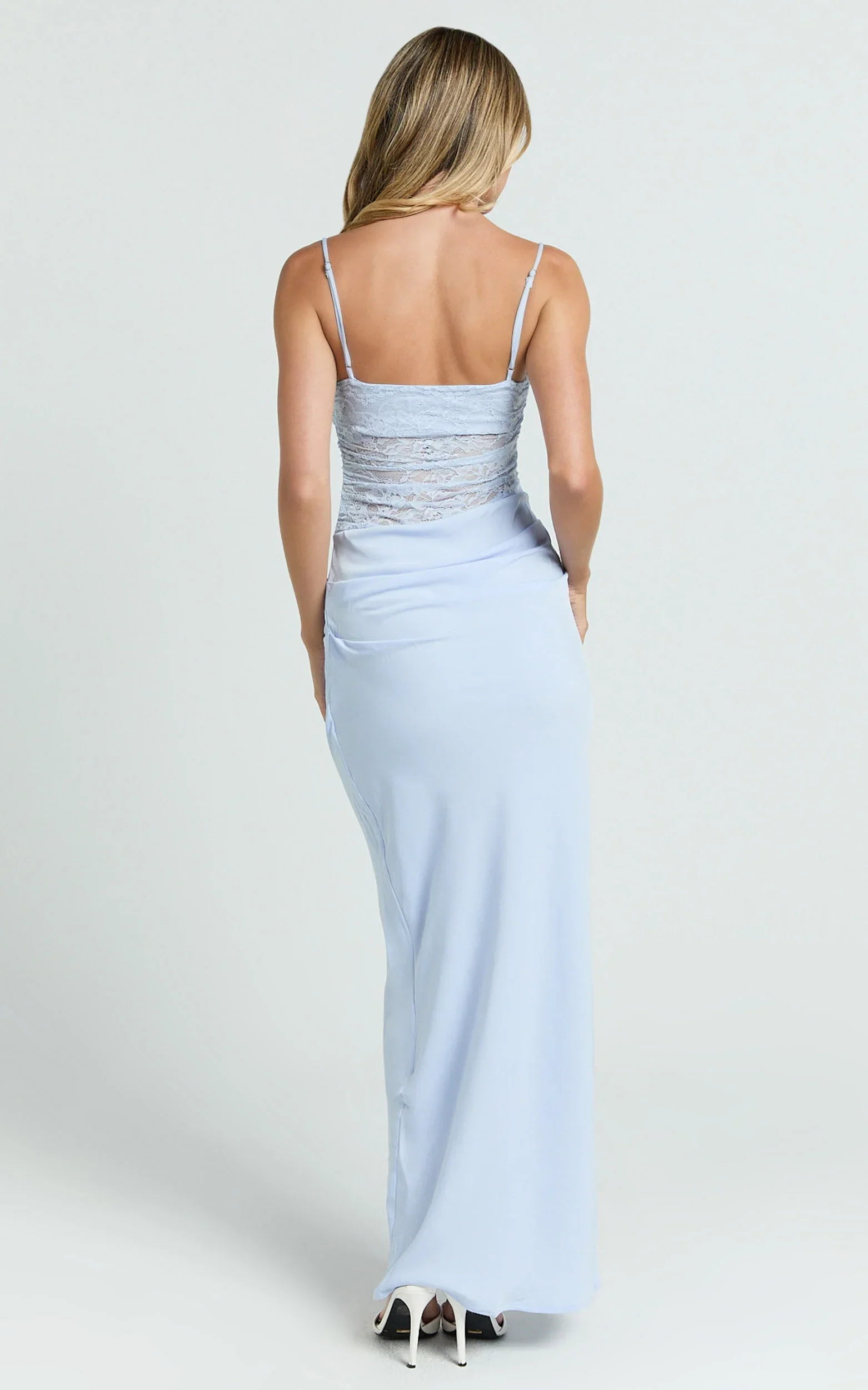 Rania Maxi Dress Contrast Lace Bodice Bias Cowl Drop Waist Dress in Soft Blue - luluinthesky