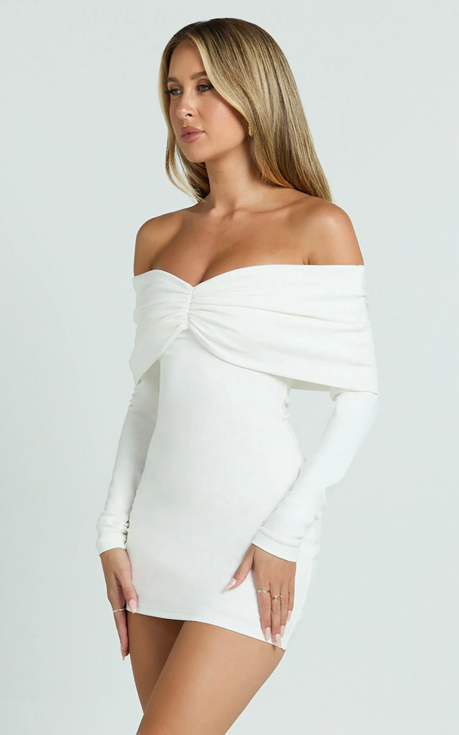 Rani Mini Dress Off Shoulder Long Sleeve Bodycon Dress in Off White - luluinthesky
