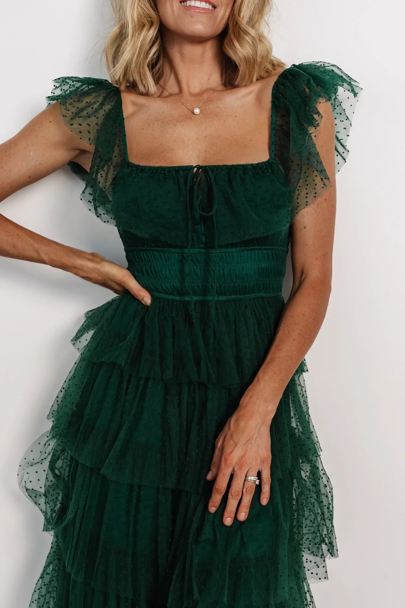 Valora Swiss Dot Tulle Maxi Dress | Dark Green - luluinthesky