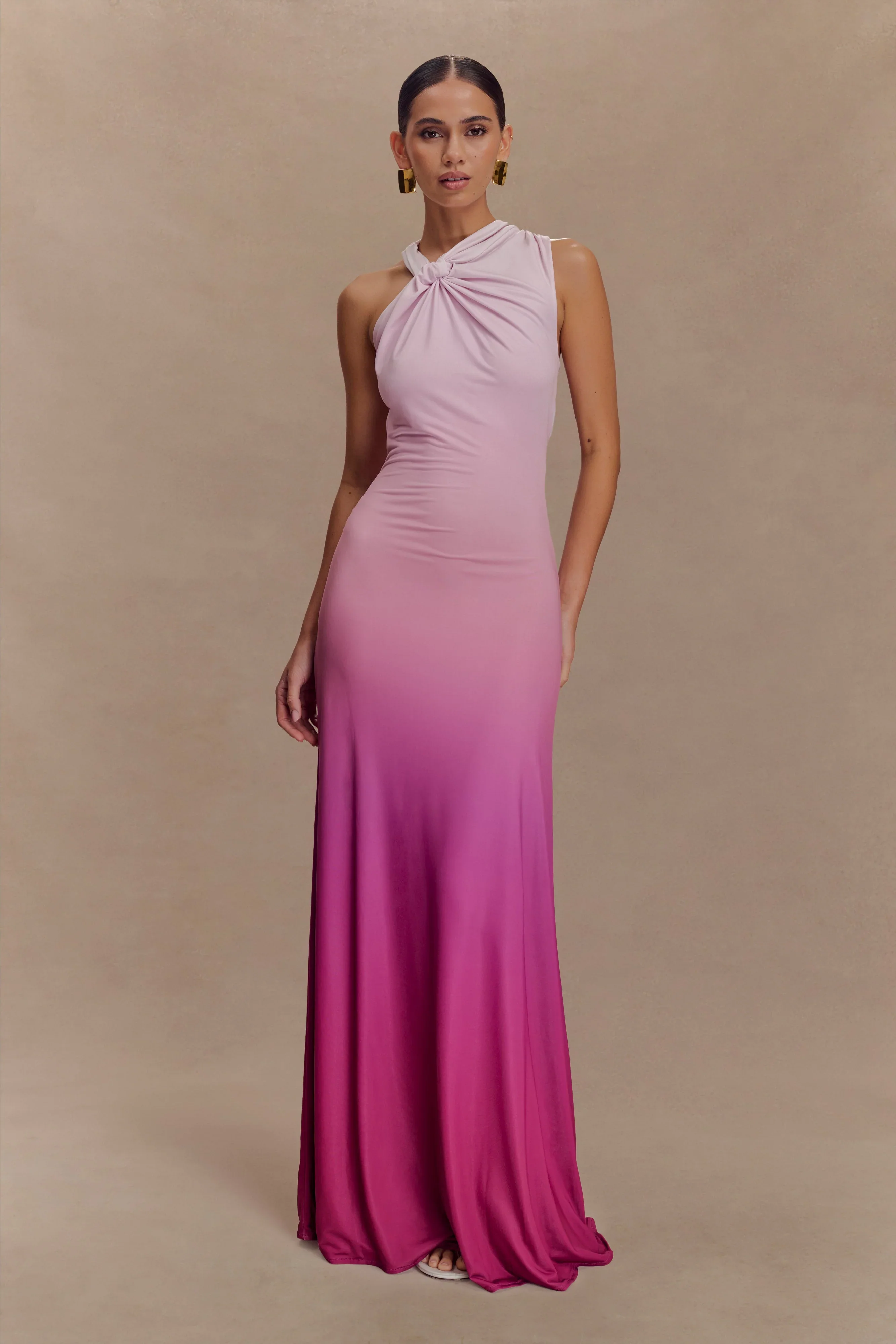 Marlee Asymmetrical Slinky Maxi Dress - Ombre Pink - luluinthesky
