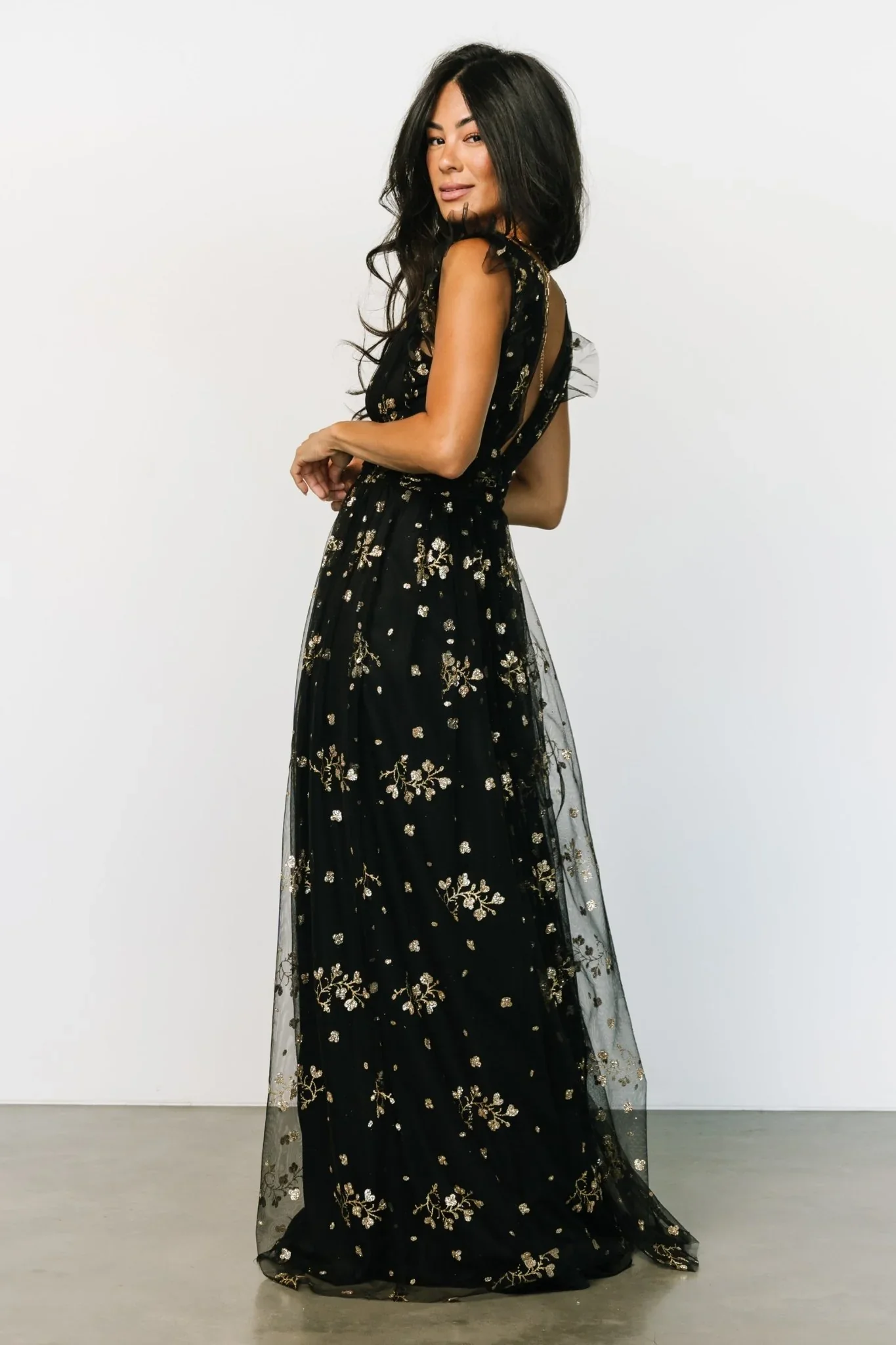 Natalia Floral Embellished Maxi Dress | Black + Gold - luluinthesky