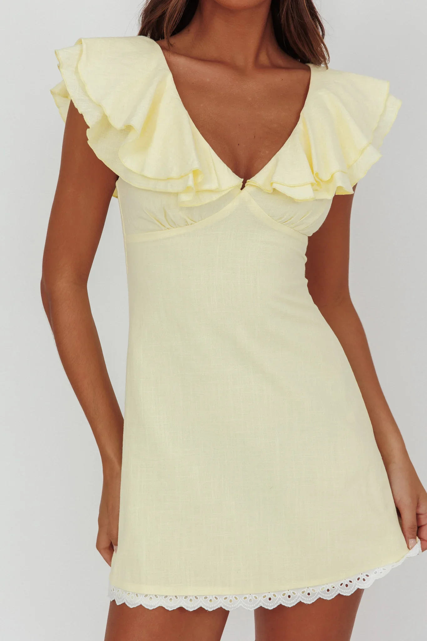 Unpredictable Layered Ruffle Neckline Mini Dress Butter - luluinthesky