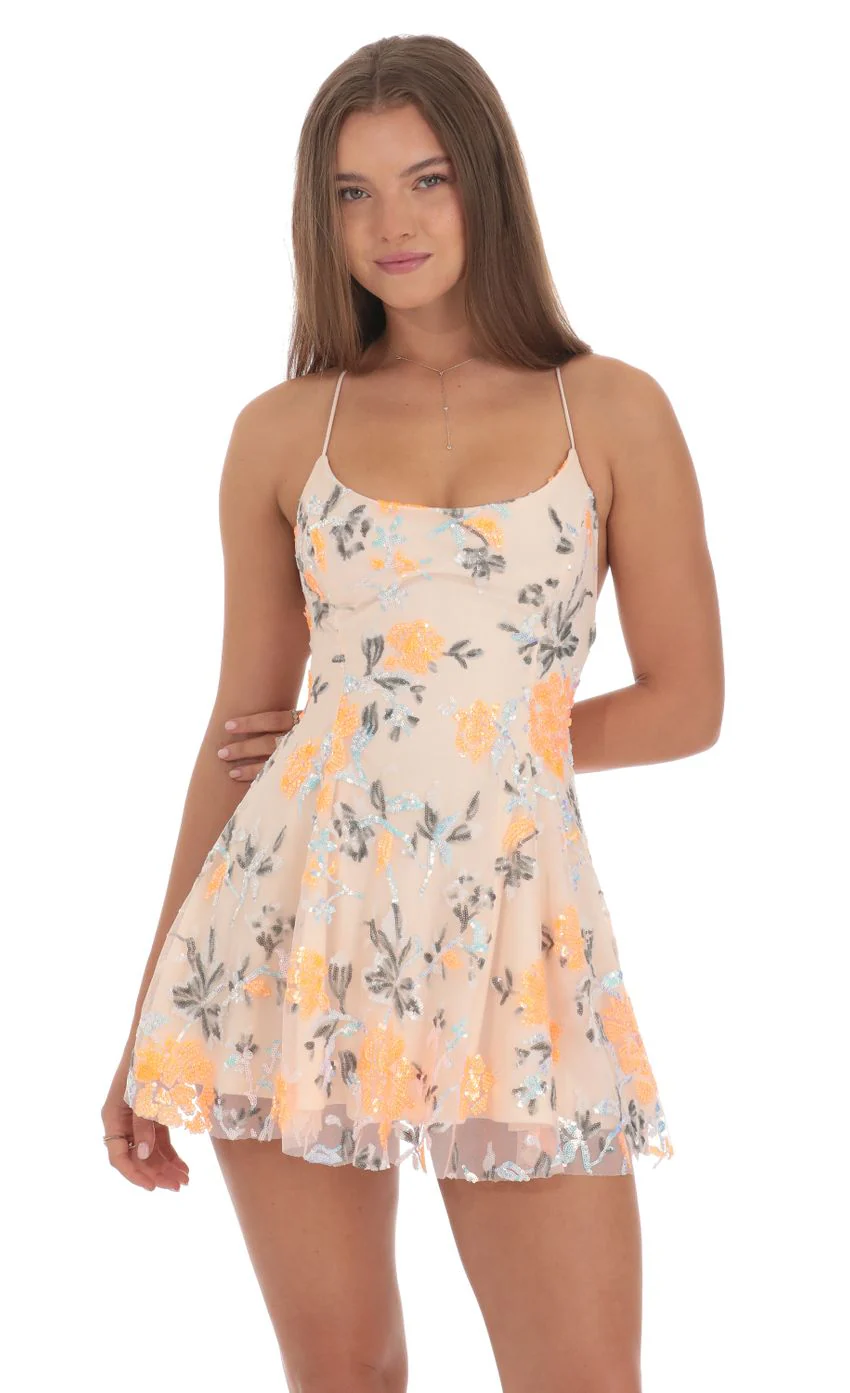 Sequin Floral Mini Dress in Cream - luluinthesky