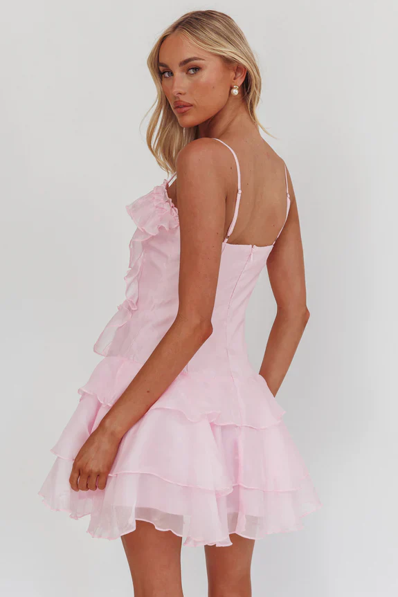 Sweetest Things Frill Trim Rosette Mini Dress Pink - luluinthesky