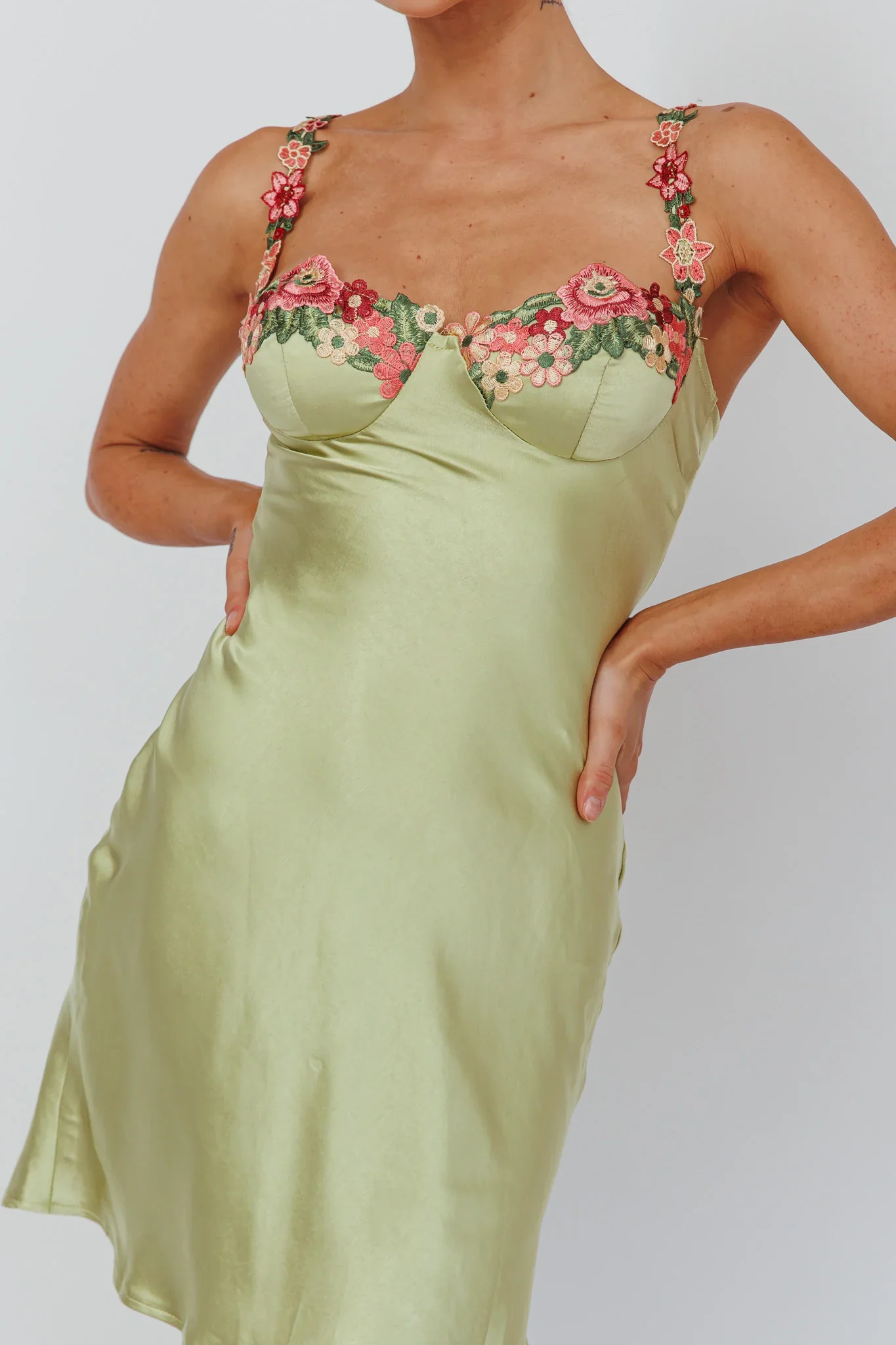 Rose Garden Floral Applique Mini Dress Lime - luluinthesky