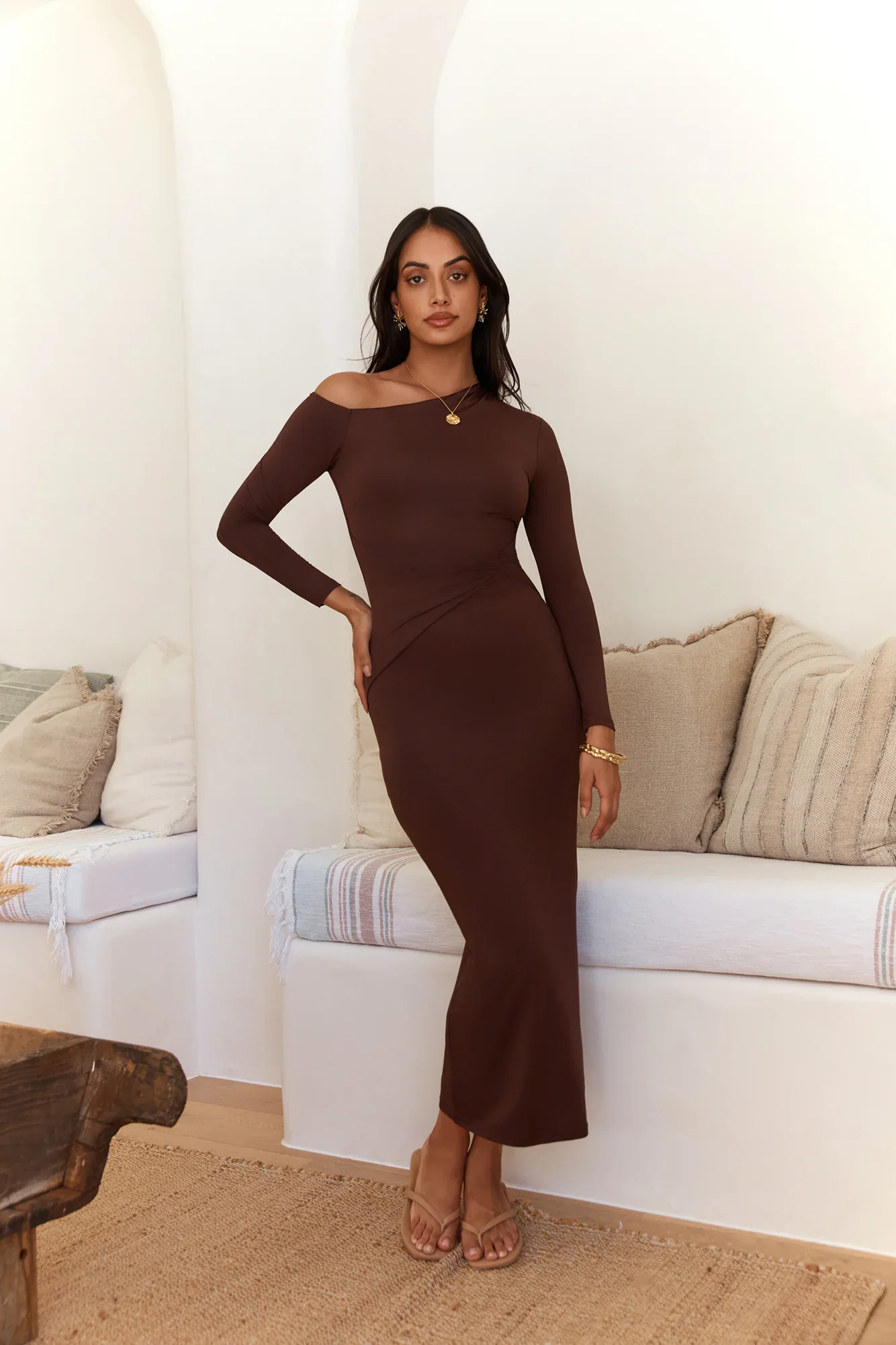 Winter Goddess Off Shoulder Long Sleeve Maxi Dress Brown - luluinthesky