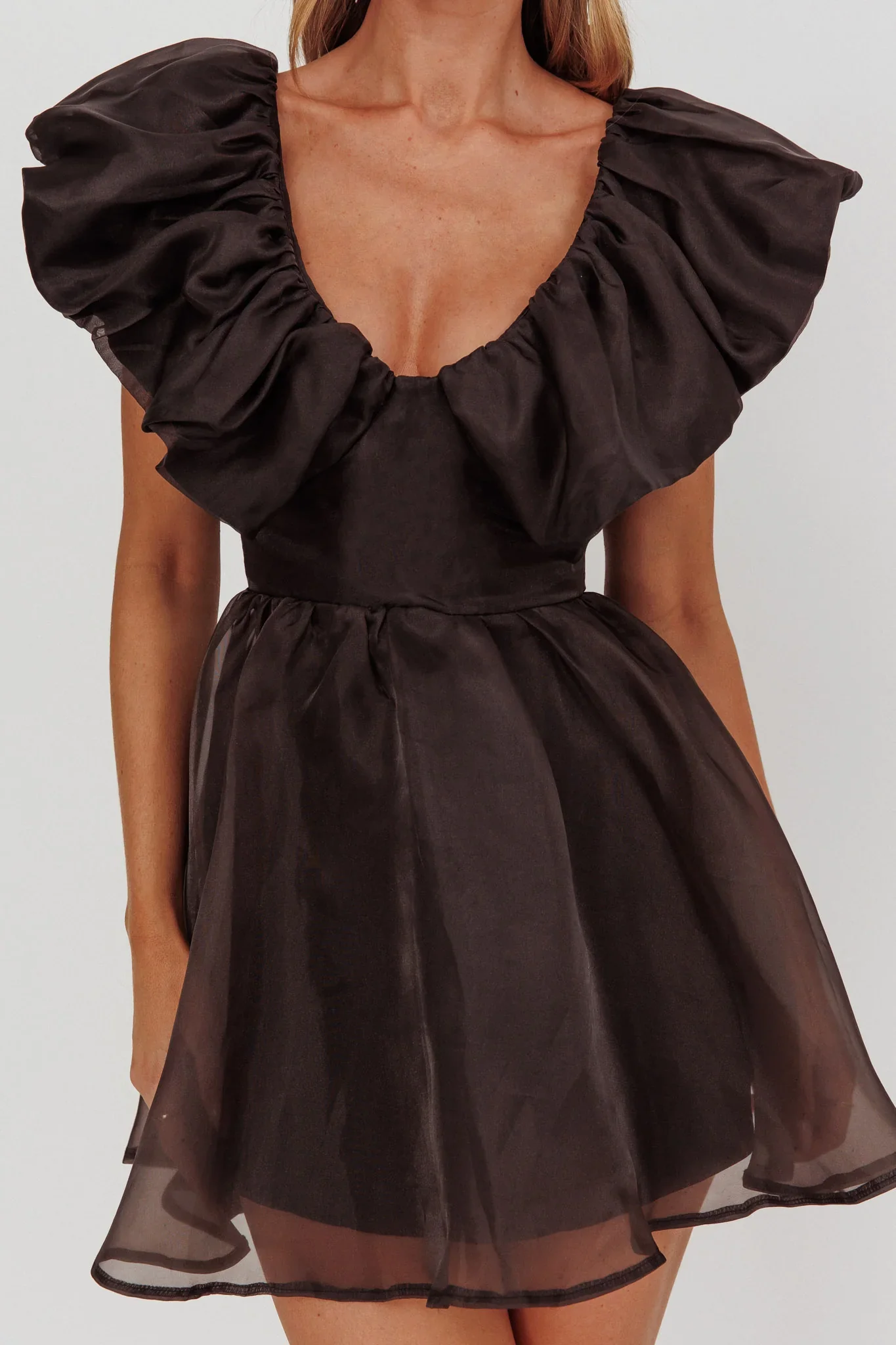 Kahlo Ruffle Neckline Mini Dress Black - luluinthesky