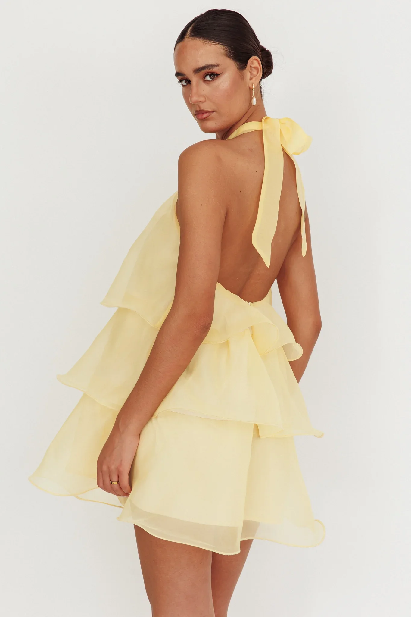 Tulips Tiered Halterneck Mini Dress Lemon - luluinthesky