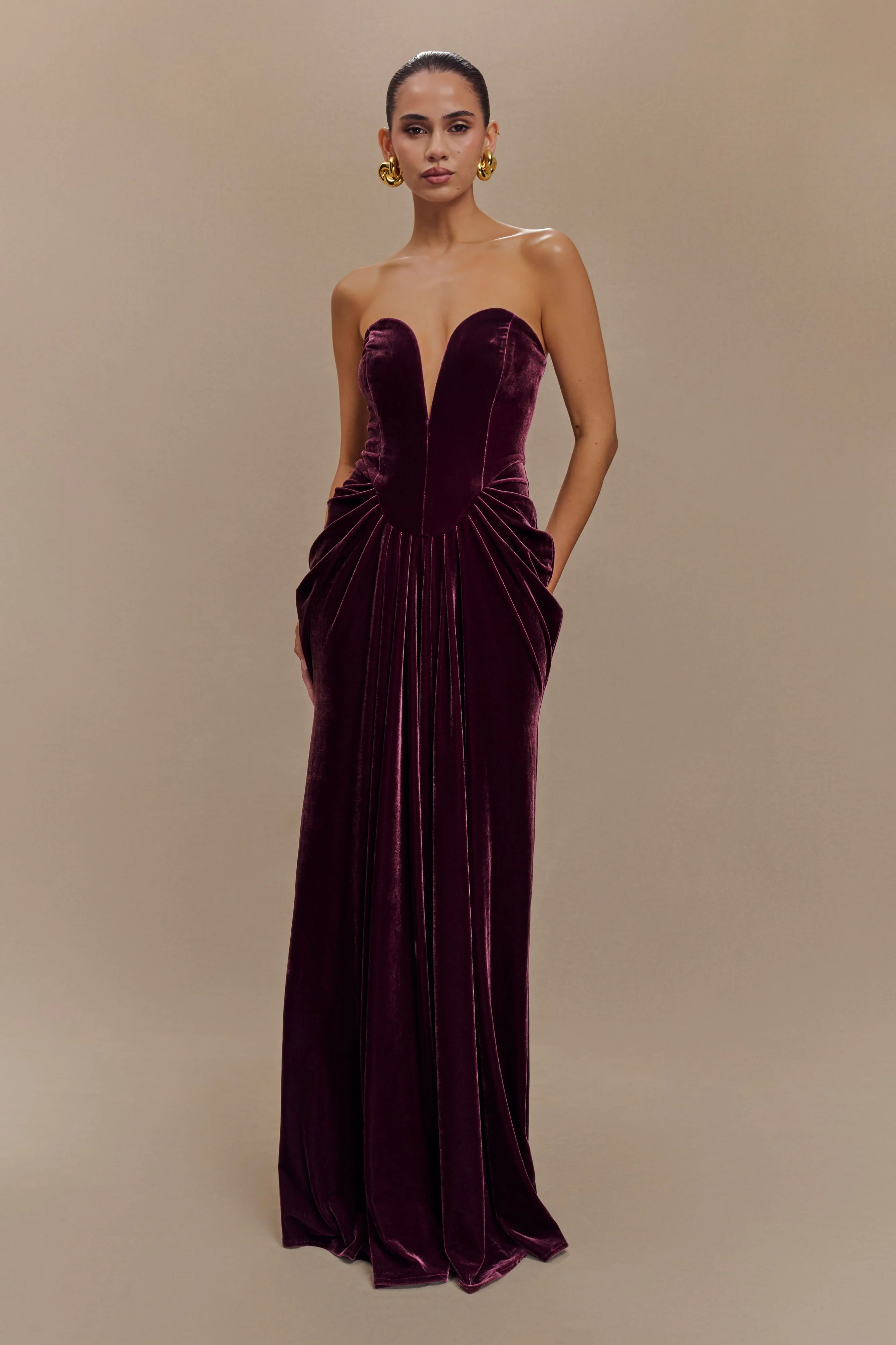 Paige Strapless Velvet Maxi Dress - Plum - luluinthesky