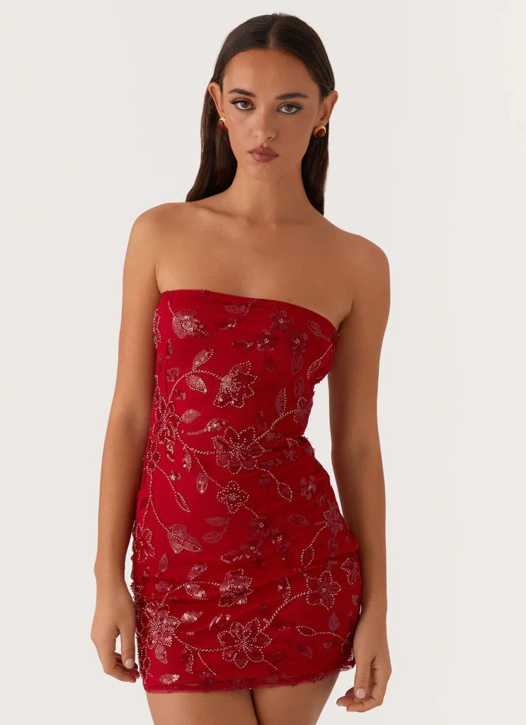 Moorey Beaded Mini Dress - Red - luluinthesky