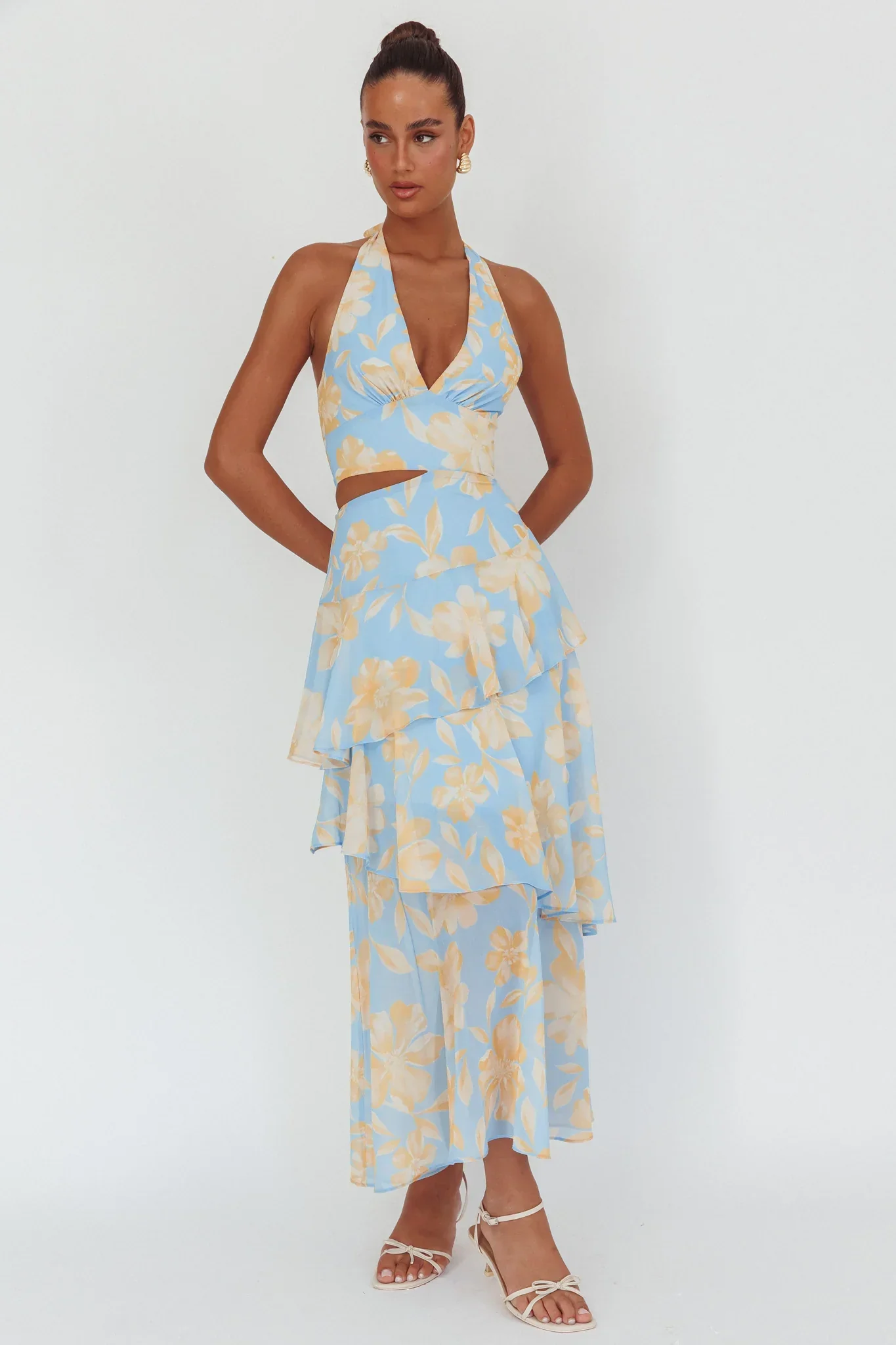 Aura Points Halterneck Cut-Out Maxi Dress Floral Blue - luluinthesky