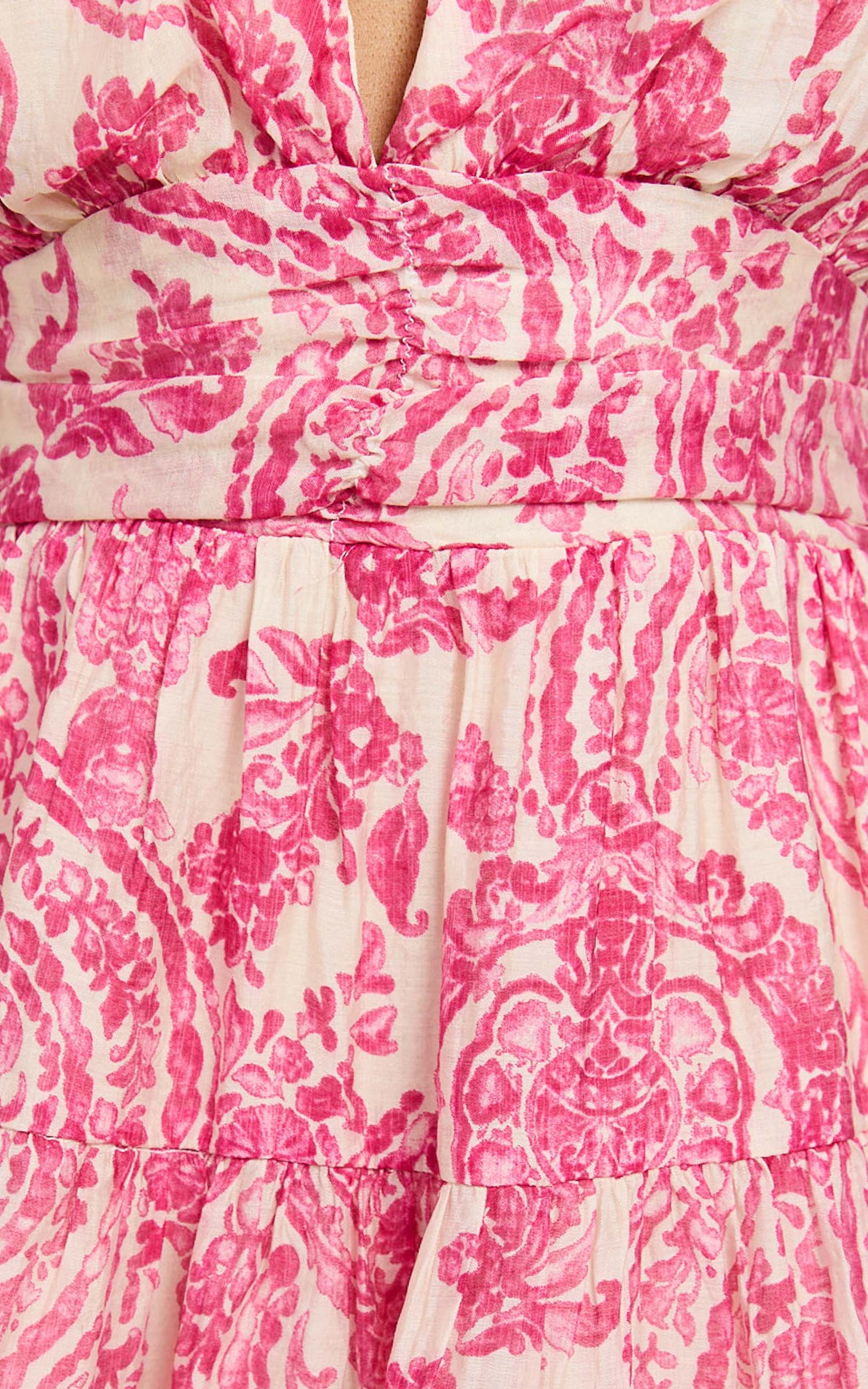 Adea Mini Dress Plunge Puff Sleeve Tiered Dress in Pink Floral - luluinthesky