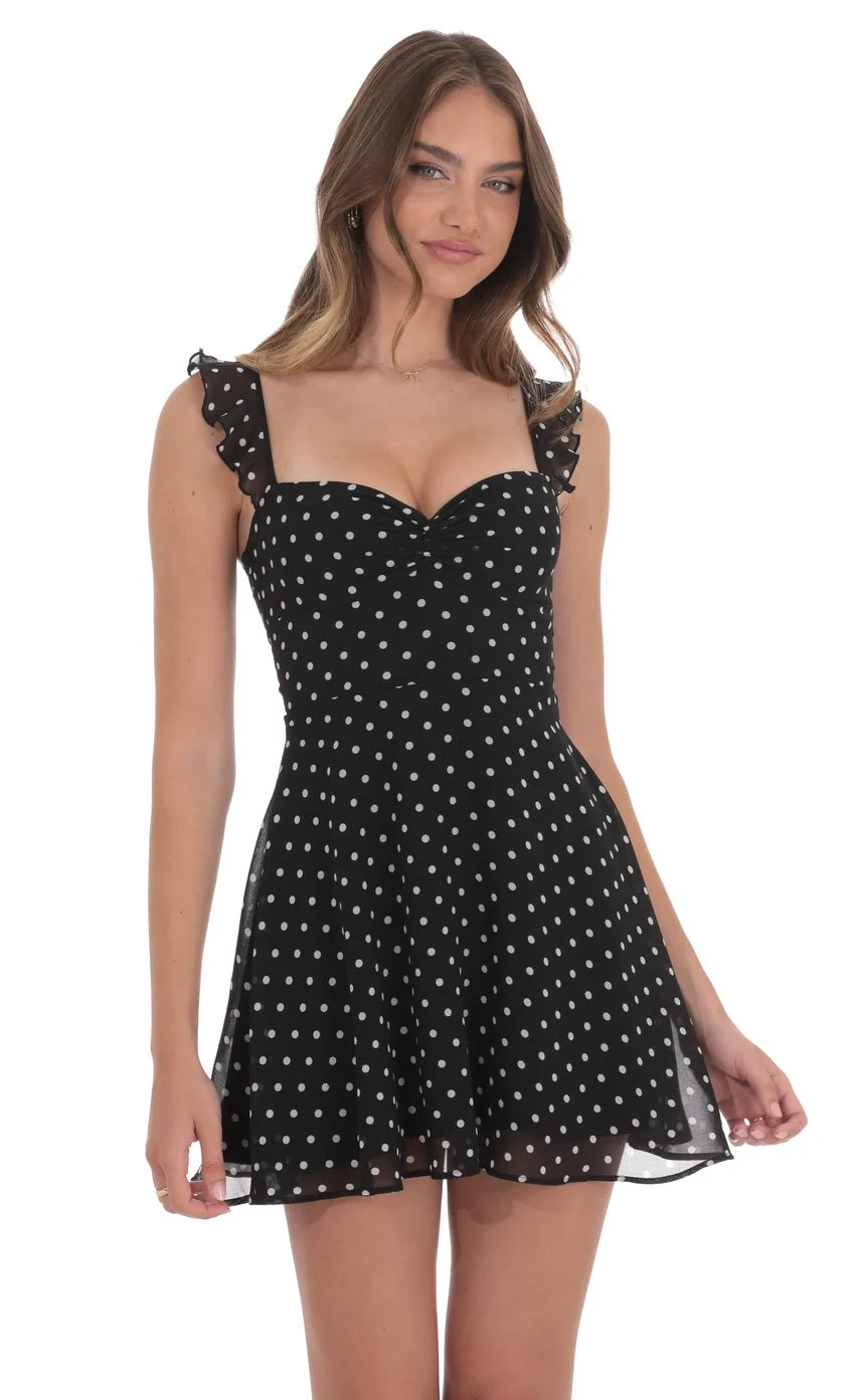 Polka Dot Ruffle Strap A-Line Dress in Black - luluinthesky