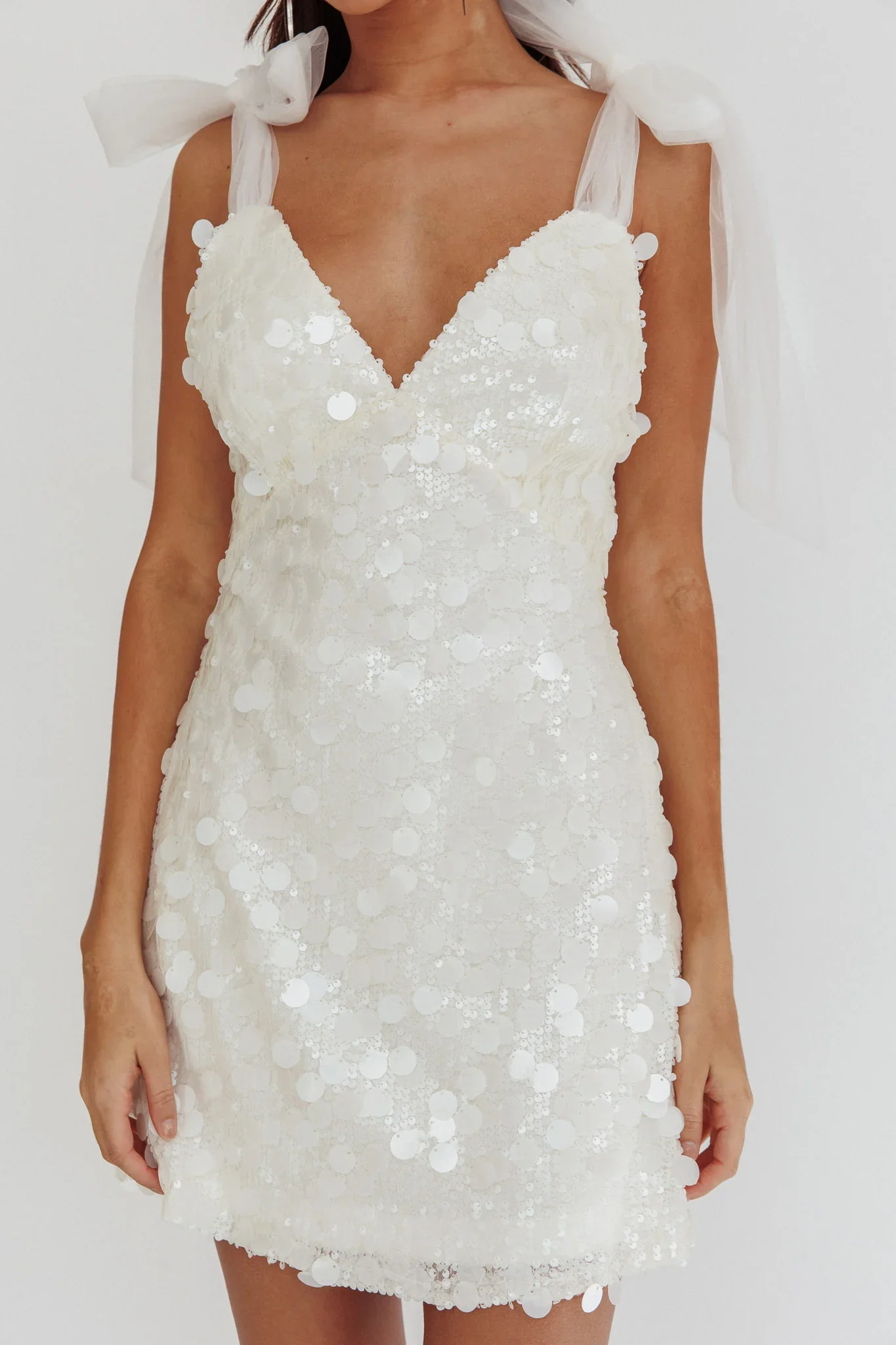 Mykonos Morning Tied Shoulder Sequin Mini Dress White - luluinthesky