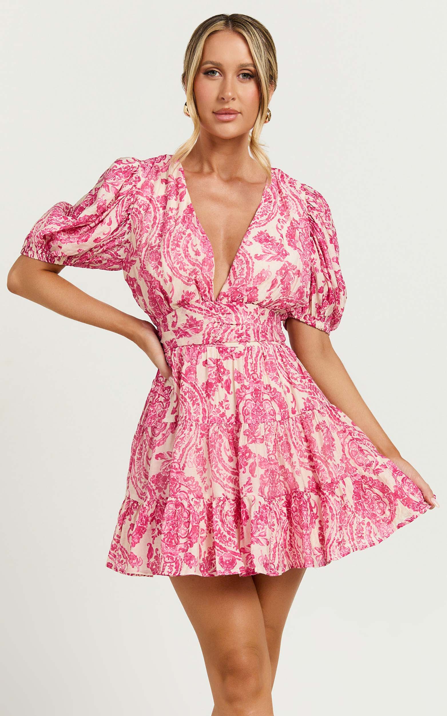 Adea Mini Dress Plunge Puff Sleeve Tiered Dress in Pink Floral - luluinthesky