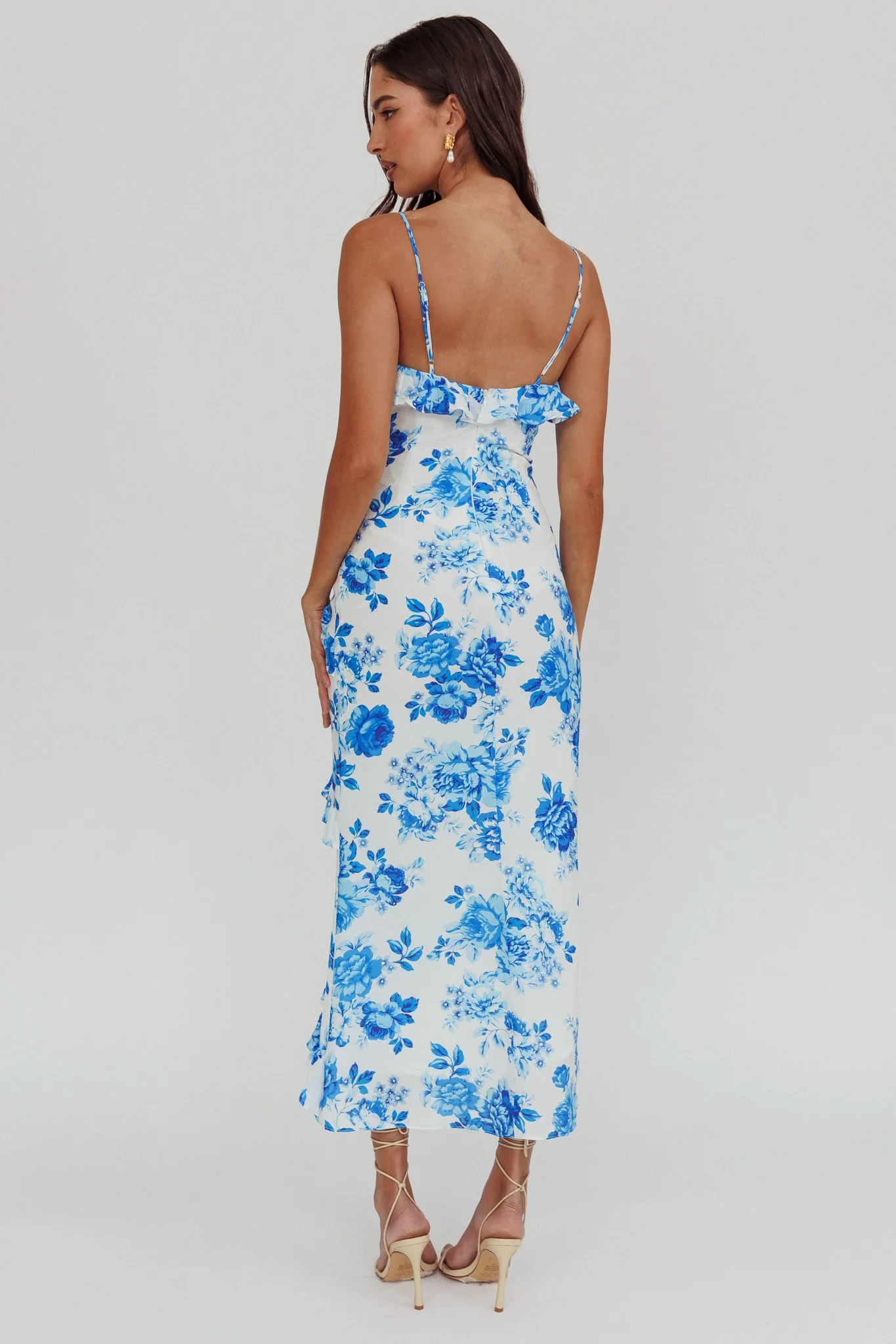 Silvana Frill Trim Maxi Dress Floral Blue - luluinthesky