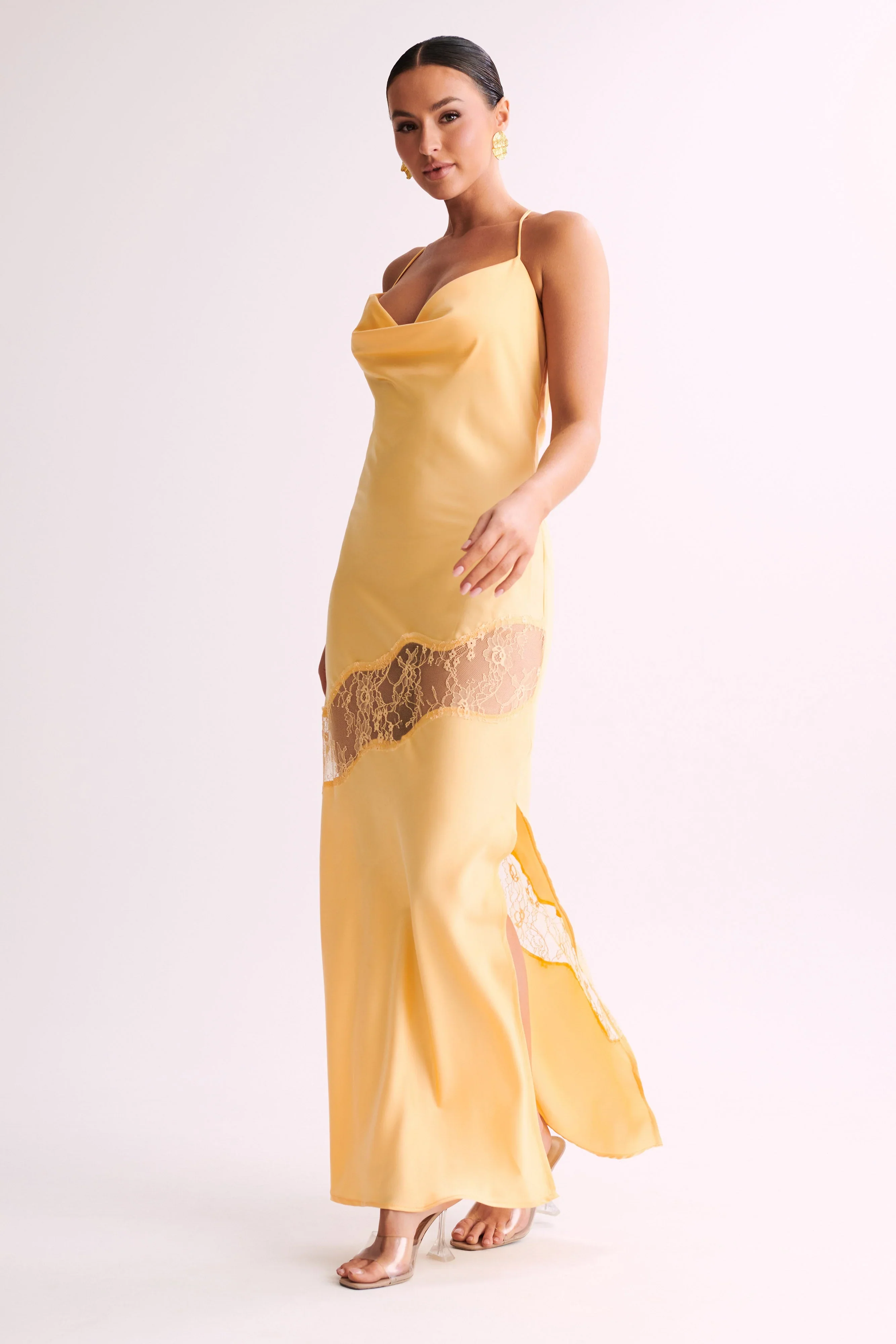 Chandra Lace Detail Satin Maxi Dress - Lemon - luluinthesky