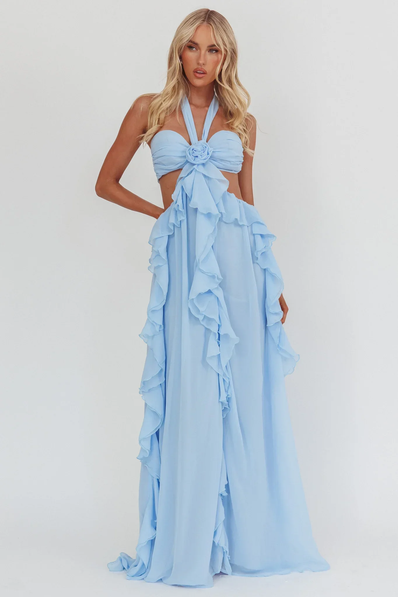 Santiago Cut-Out Ruffle Maxi Dress Ice Blue - luluinthesky