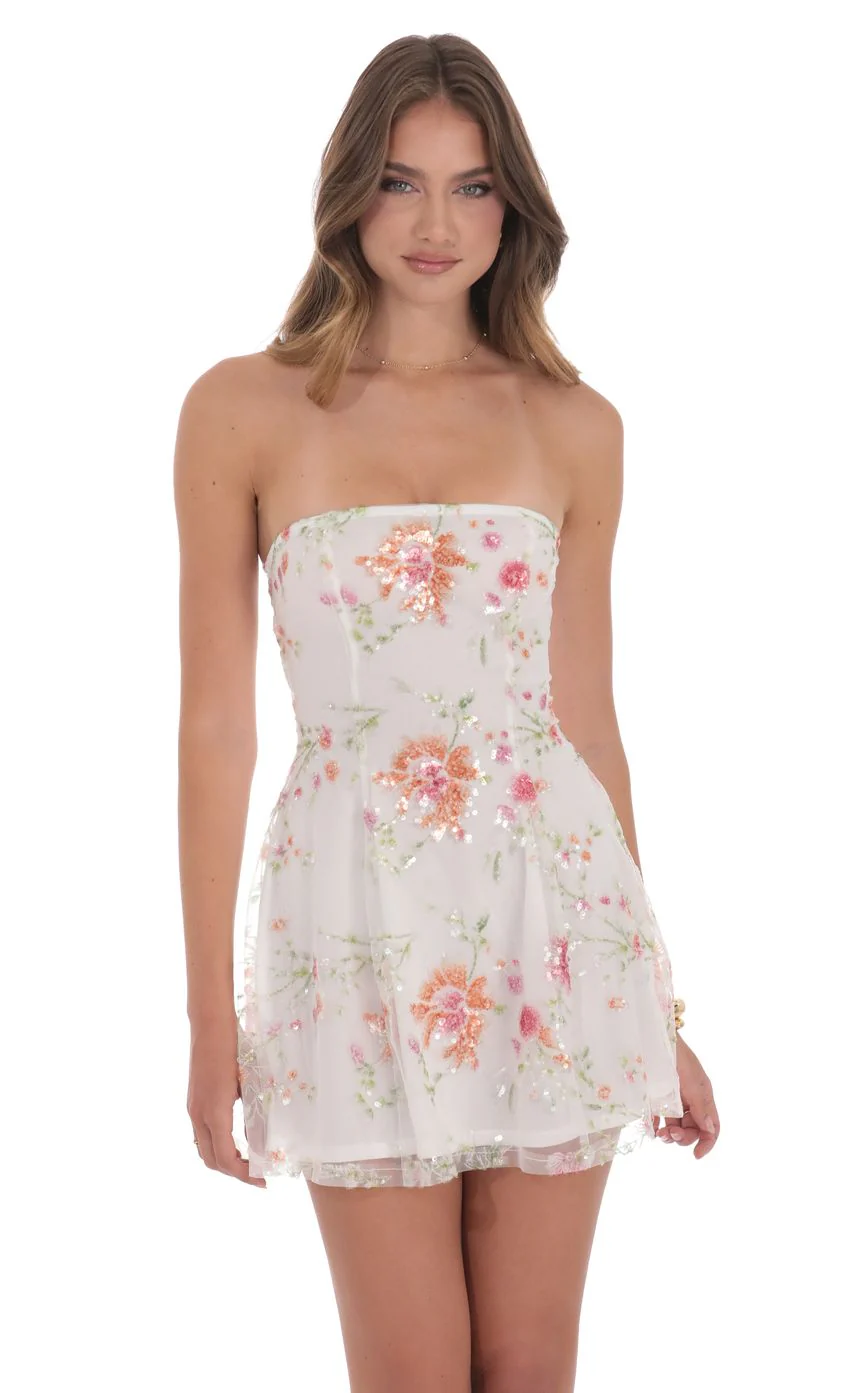Sequin Floral Strapless Dress in White - luluinthesky