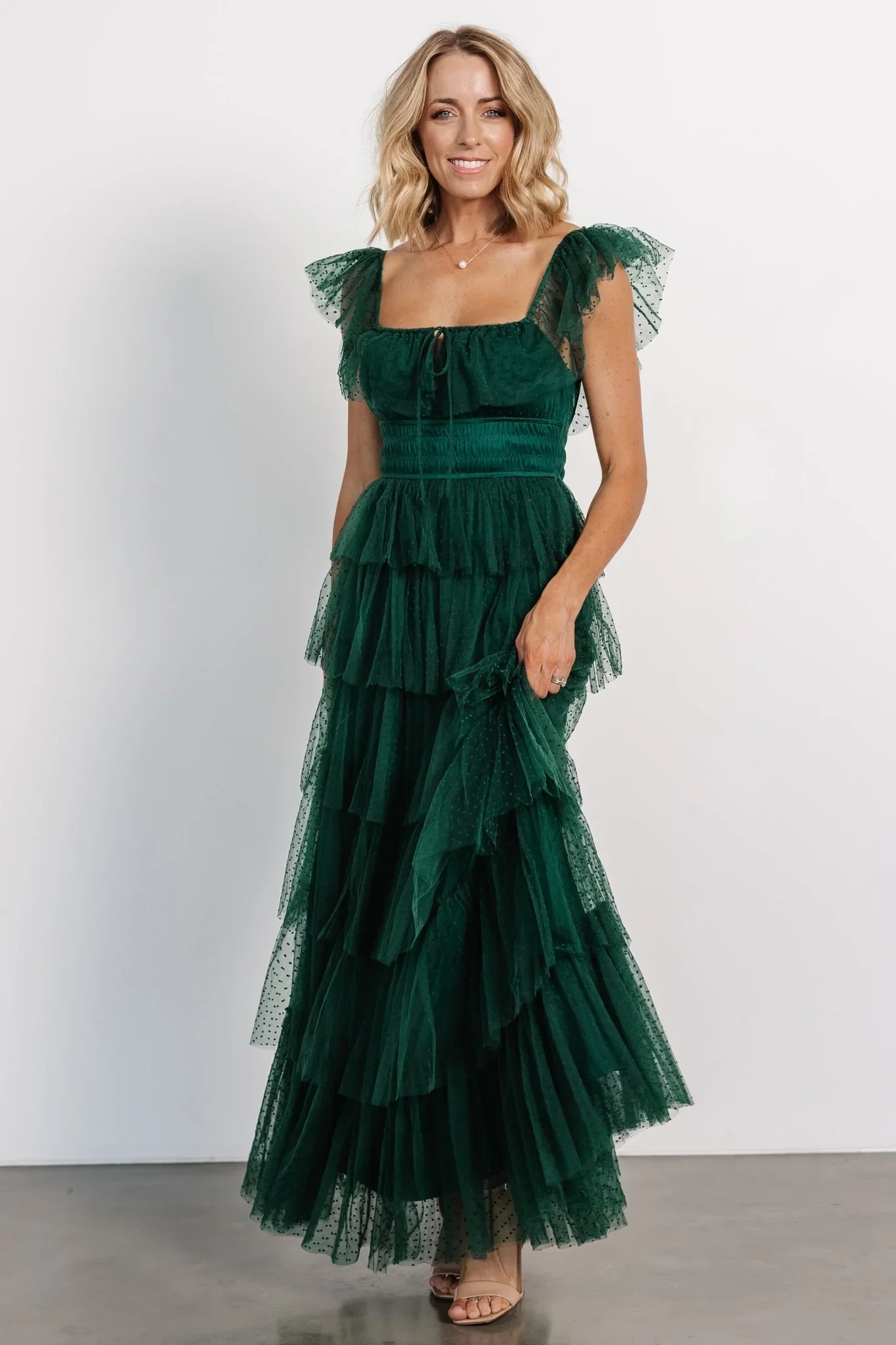 Valora Swiss Dot Tulle Maxi Dress | Dark Green - luluinthesky