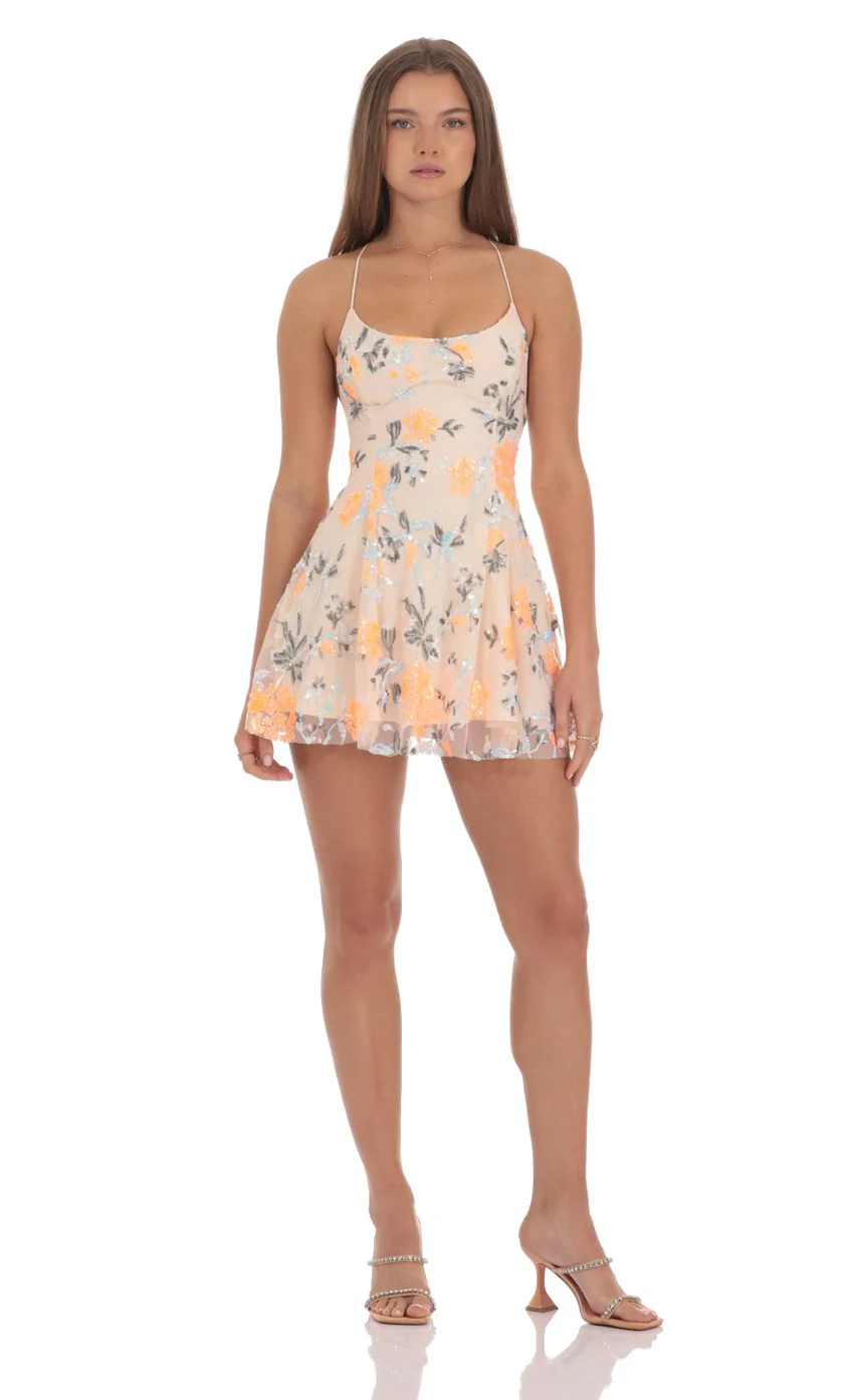Sequin Floral Mini Dress in Cream - luluinthesky