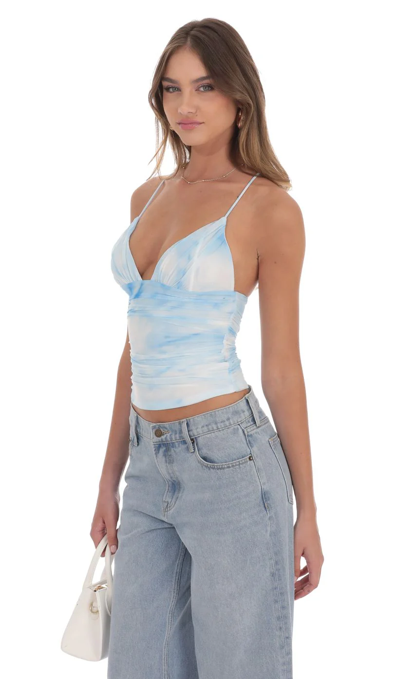 Swirl Mesh V-Neck Top in Blue - luluinthesky
