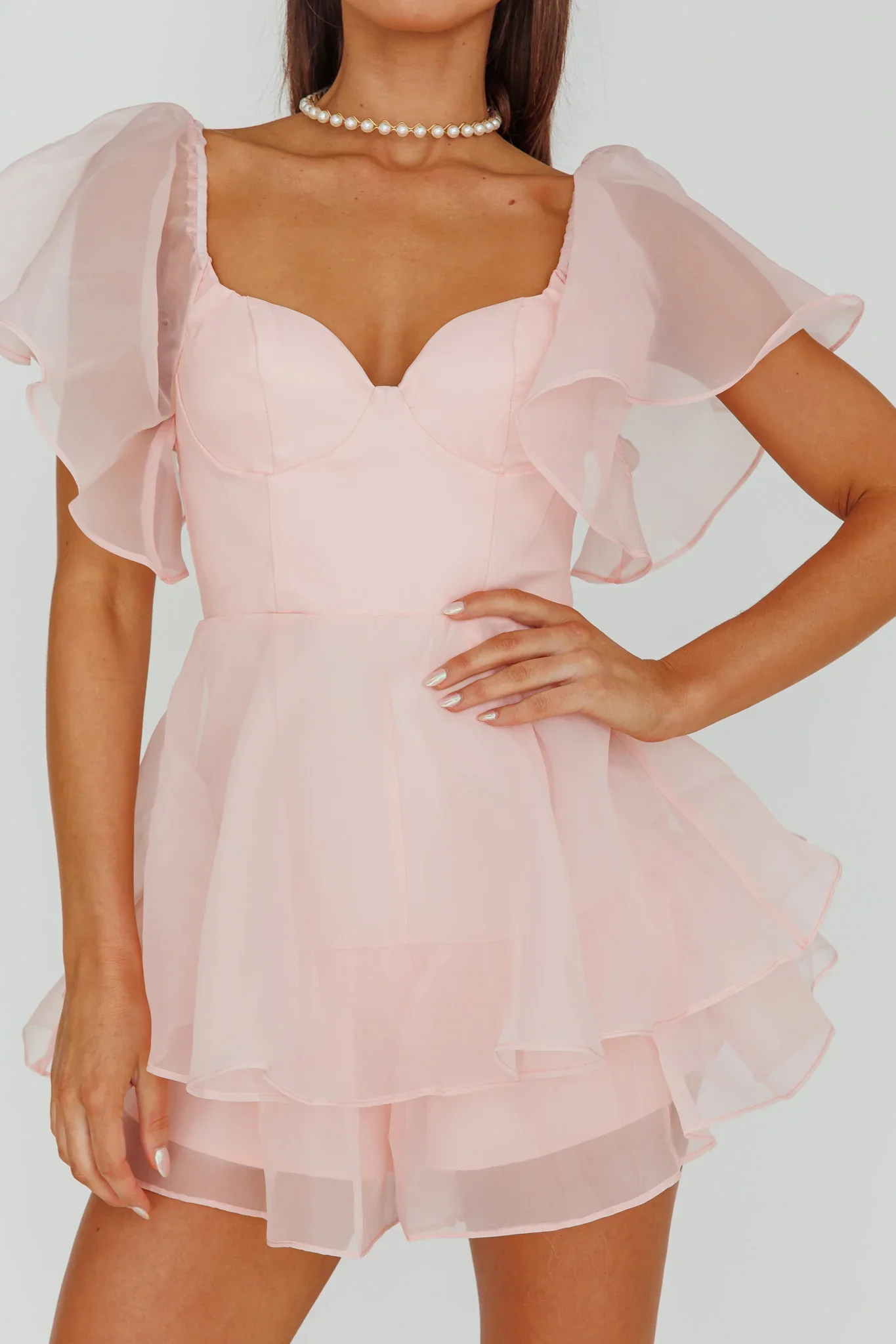 Aphrodite Angel Sleeve Layered Romper Pink - luluinthesky
