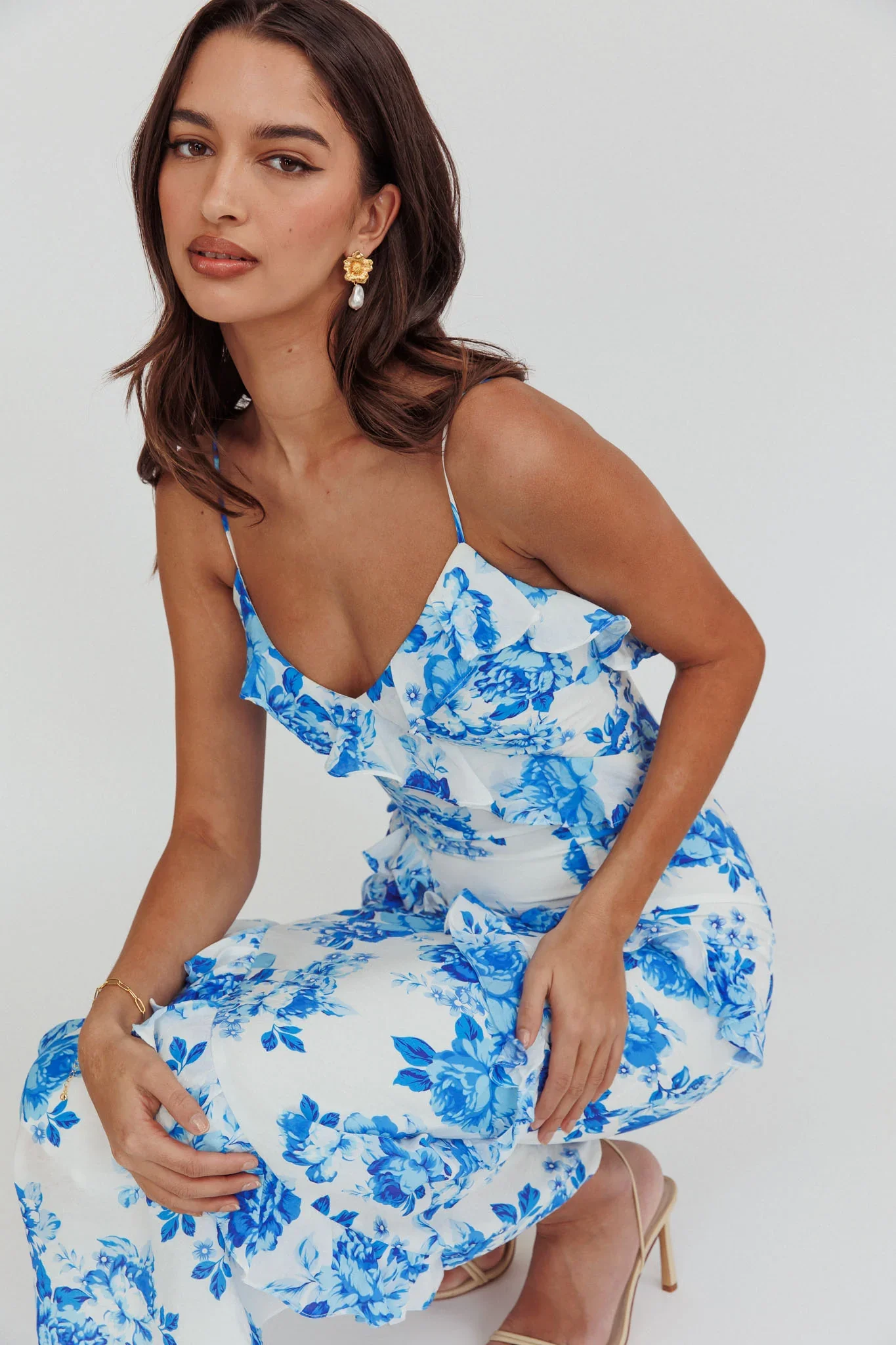 Silvana Frill Trim Maxi Dress Floral Blue - luluinthesky