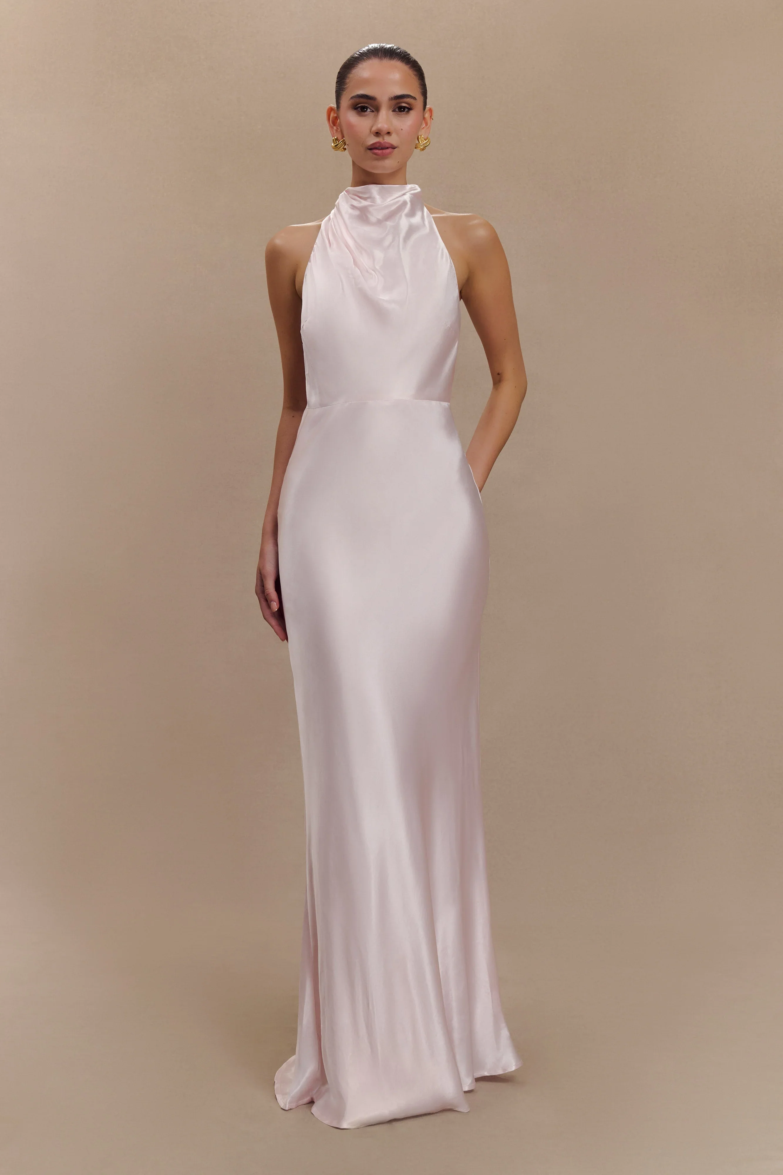 Esther Iridescent Satin Cowl Maxi Dress - Pale Pink - luluinthesky