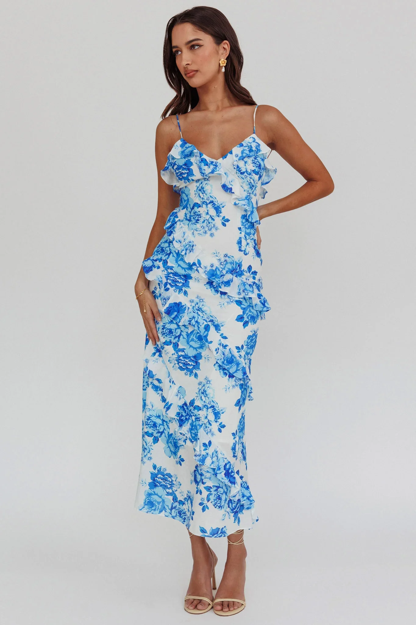 Silvana Frill Trim Maxi Dress Floral Blue - luluinthesky