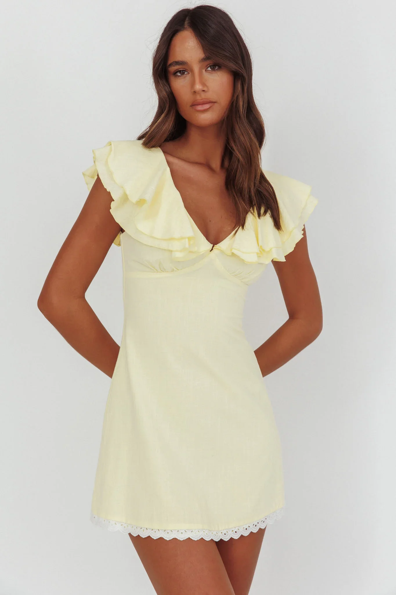 Unpredictable Layered Ruffle Neckline Mini Dress Butter - luluinthesky