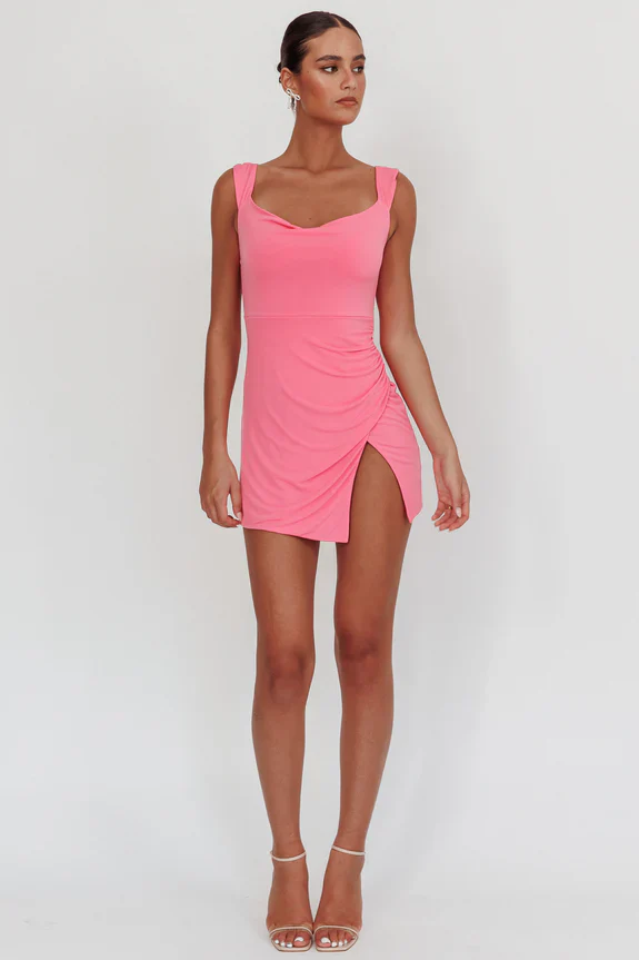 Giavanna Thigh Split Mini Dress Pink - luluinthesky