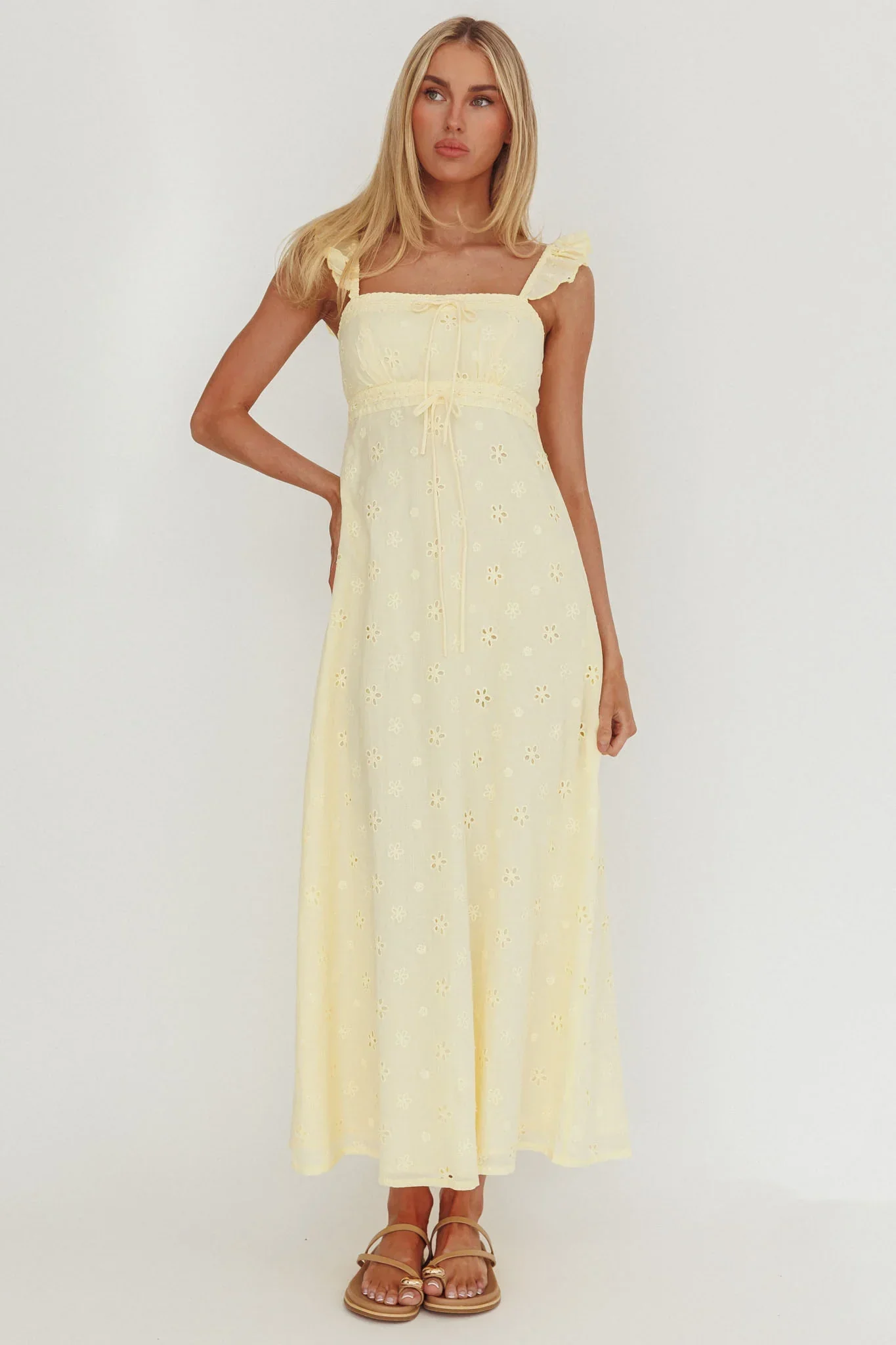 Zimmer Eyelet Frill Strap Maxi Dress Butter - luluinthesky