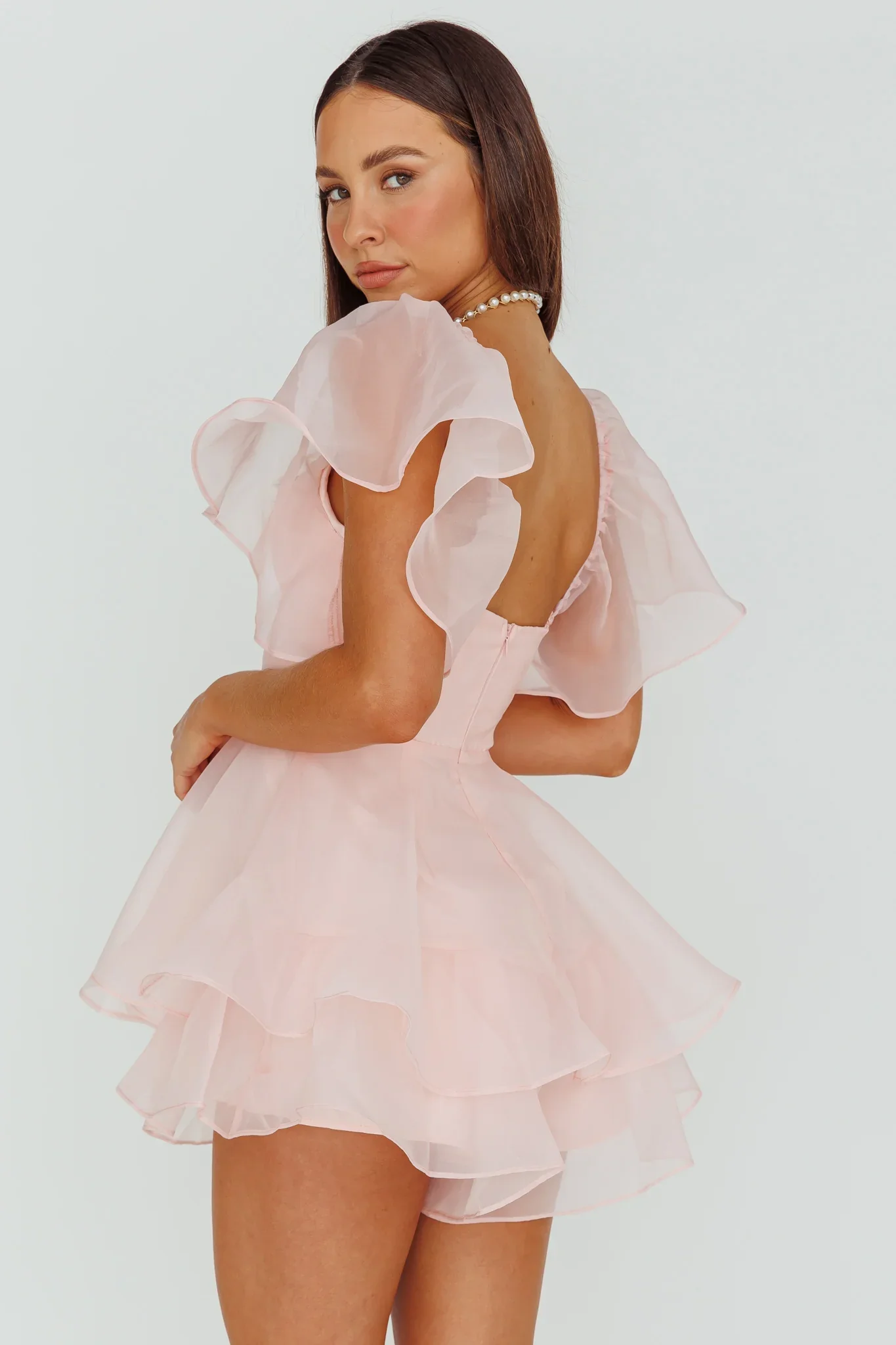 Aphrodite Angel Sleeve Layered Romper Pink - luluinthesky
