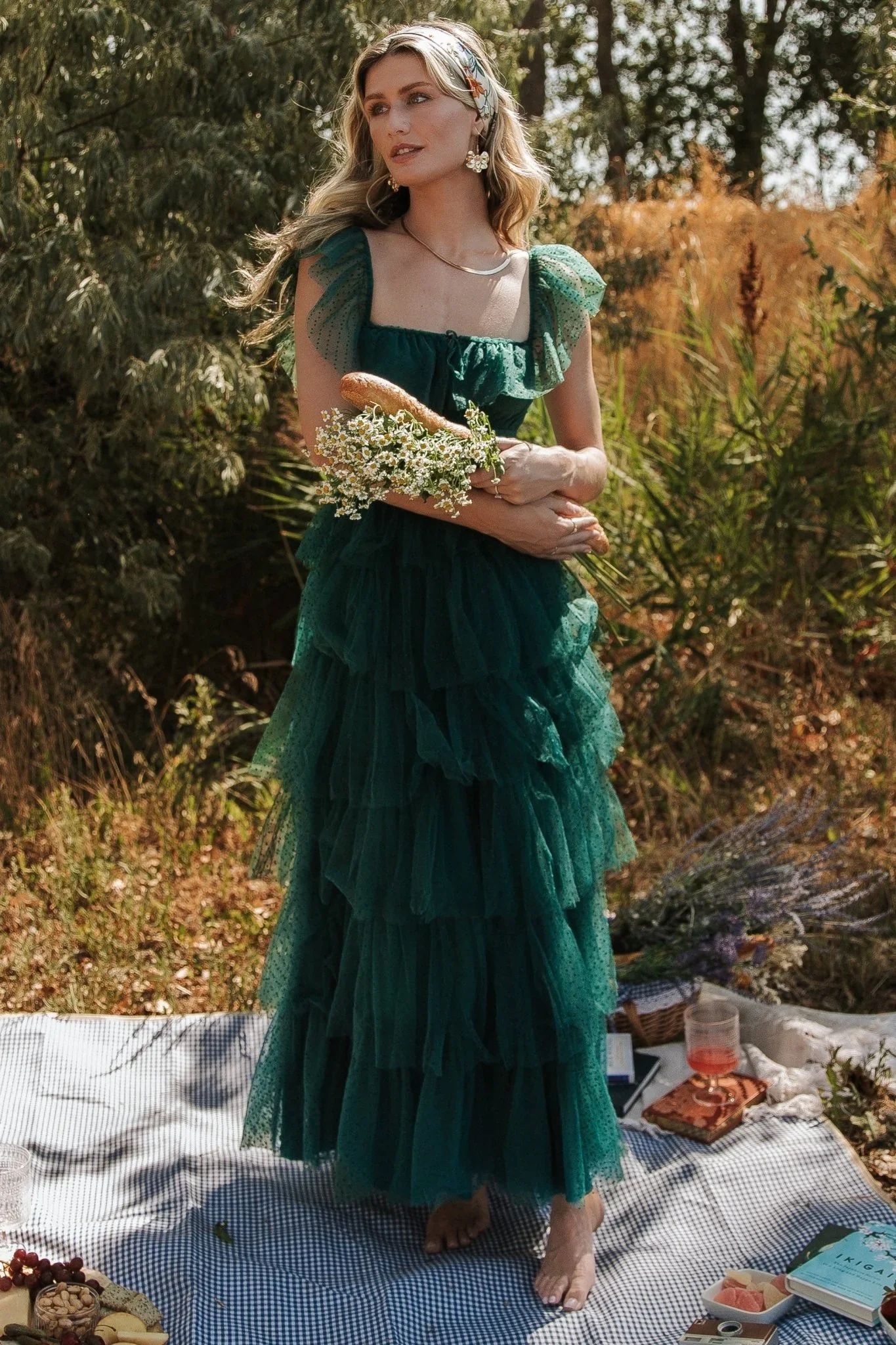 Valora Swiss Dot Tulle Maxi Dress | Dark Green - luluinthesky