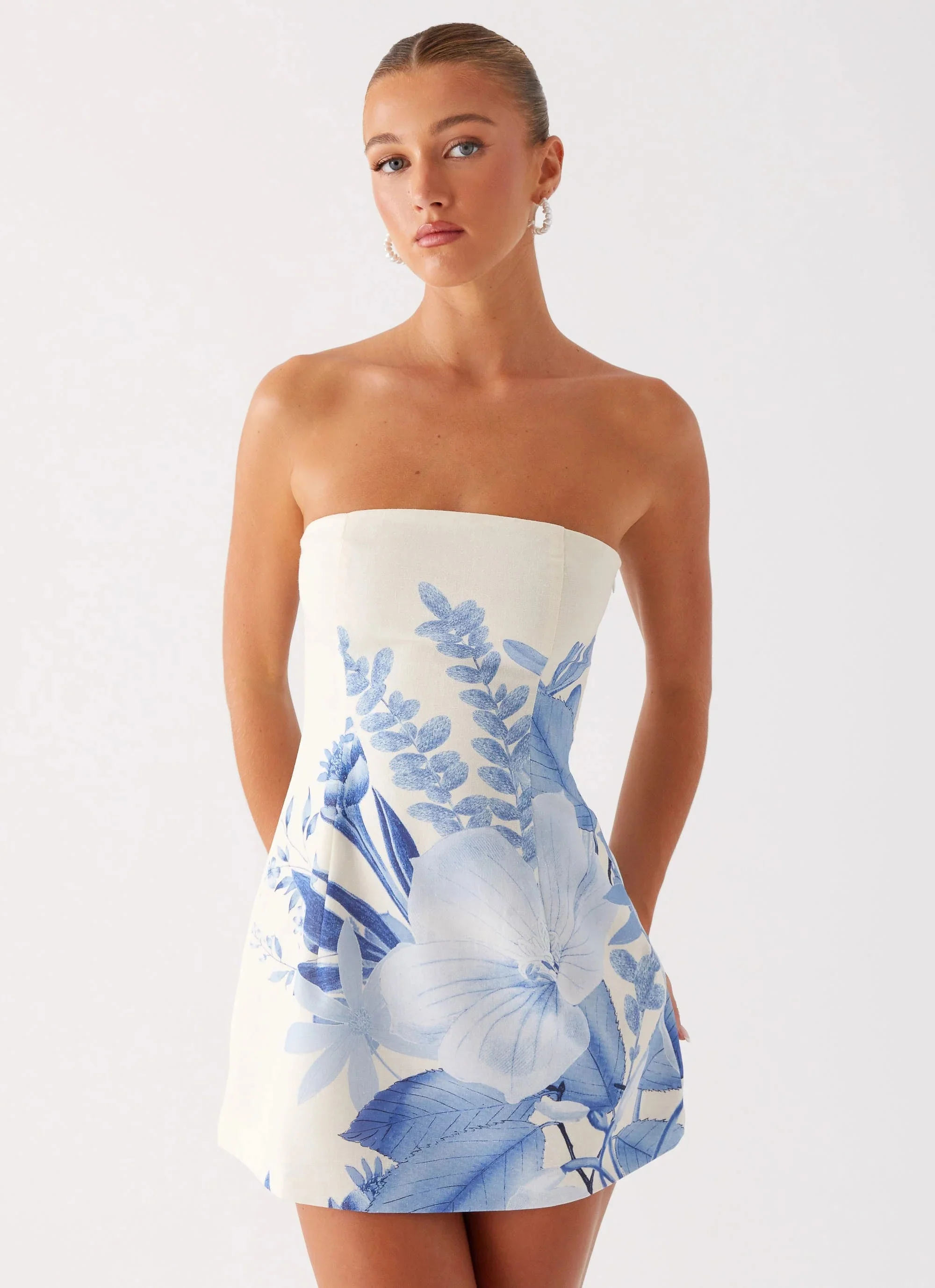 Denby Strapless Mini Dress - Blue Floral Print - luluinthesky