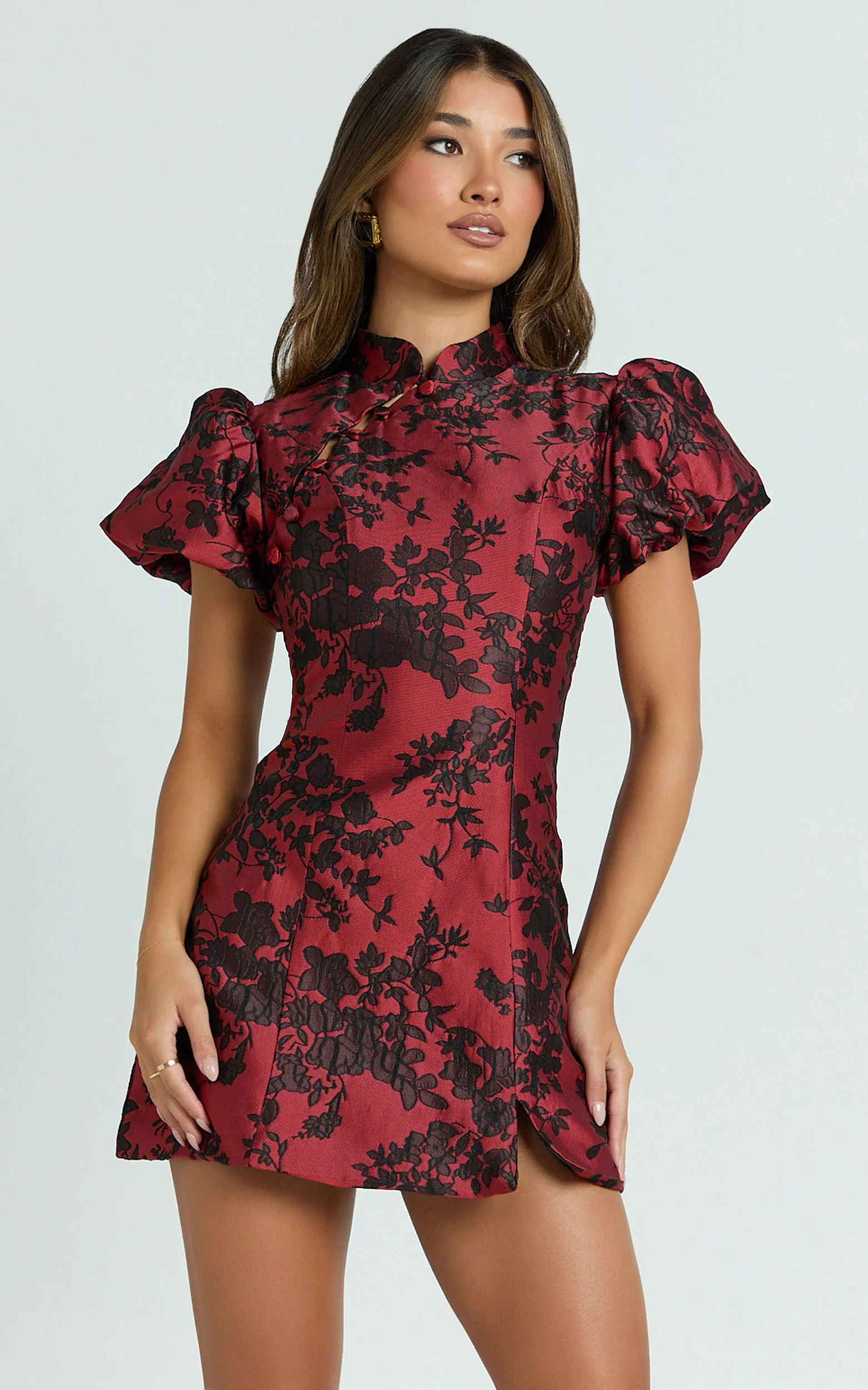 Mackay Mini Dress Jacquard High Neck Puff Sleeve Dress in Red - luluinthesky