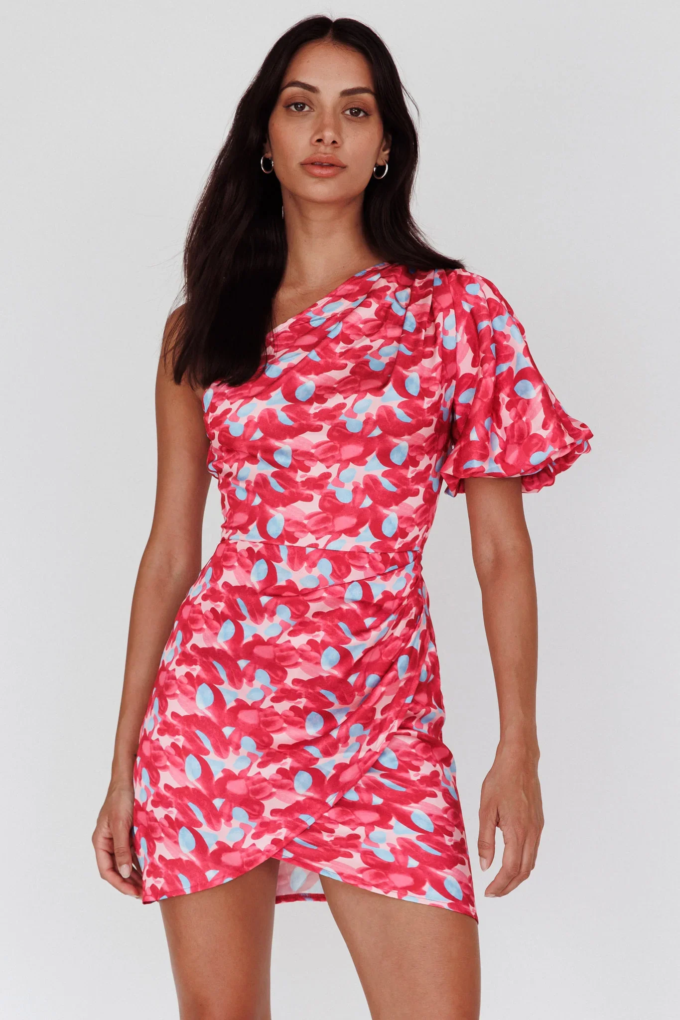 Krishna One-Shoulder Puff Sleeve Mini Dress Pink - luluinthesky