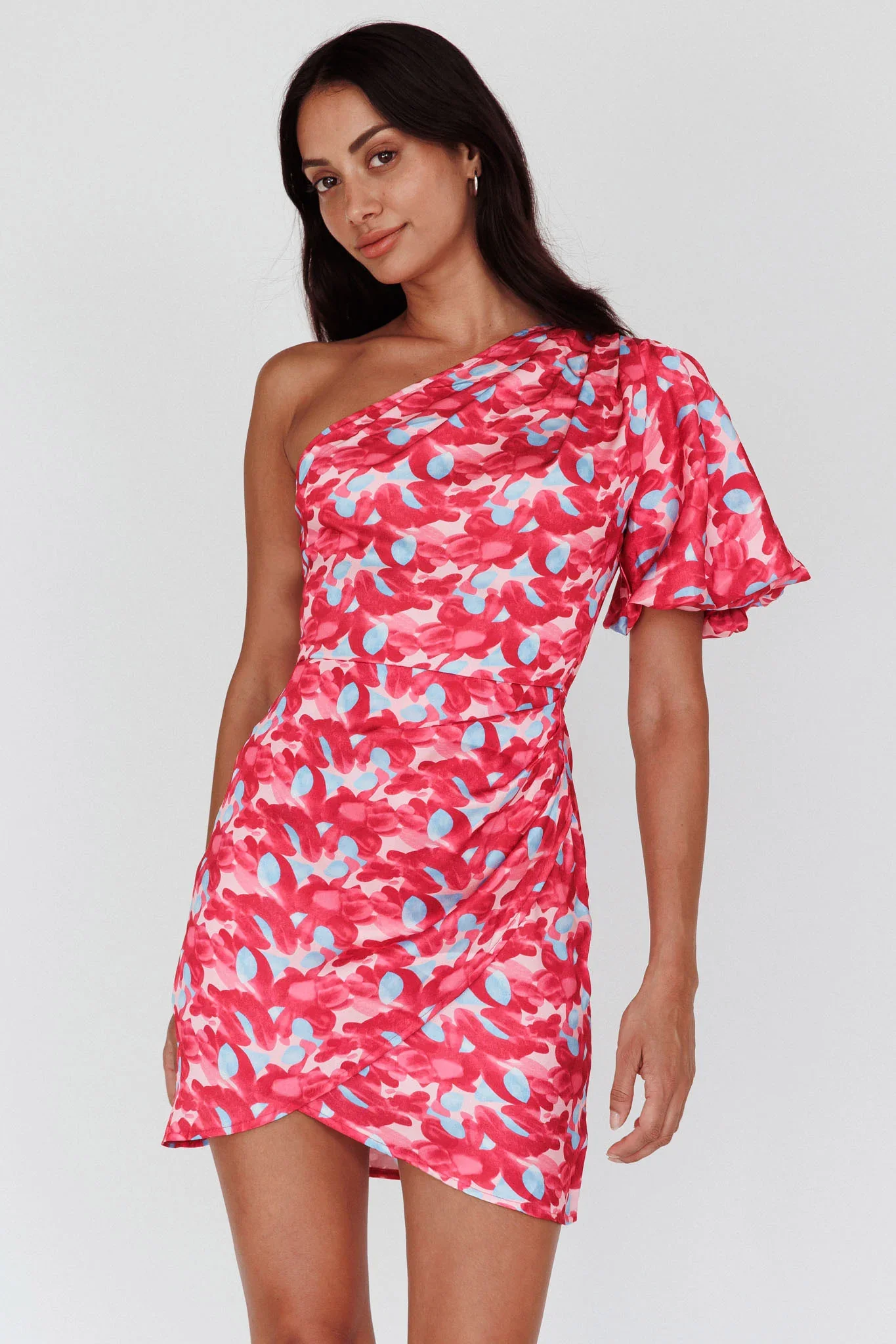 Krishna One-Shoulder Puff Sleeve Mini Dress Pink - luluinthesky